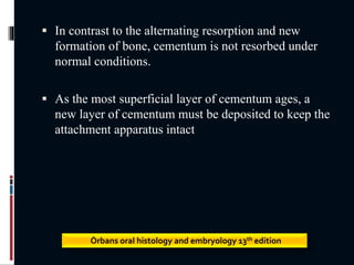  In contrast to the alternating resorption and new
formation of bone, cementum is not resorbed under
normal conditions.
 As the most superficial layer of cementum ages, a
new layer of cementum must be deposited to keep the
attachment apparatus intact
Òrbans oral histology and embryology 13th edition
 