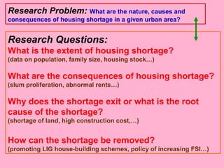 Research Problem: What are the nature, causes and
consequences of housing shortage in a given urban area?
Research Questions:
What is the extent of housing shortage?
(data on population, family size, housing stock…)
What are the consequences of housing shortage?
(slum proliferation, abnormal rents…)
Why does the shortage exit or what is the root
cause of the shortage?
(shortage of land, high construction cost,…)
How can the shortage be removed?
(promoting LIG house-building schemes, policy of increasing FSI…)
 