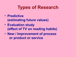 Types of Research
• Predictive
(estimating future values)
• Evaluation study
(effect of TV on reading habits)
• New / Improvement of process
or product or service
 