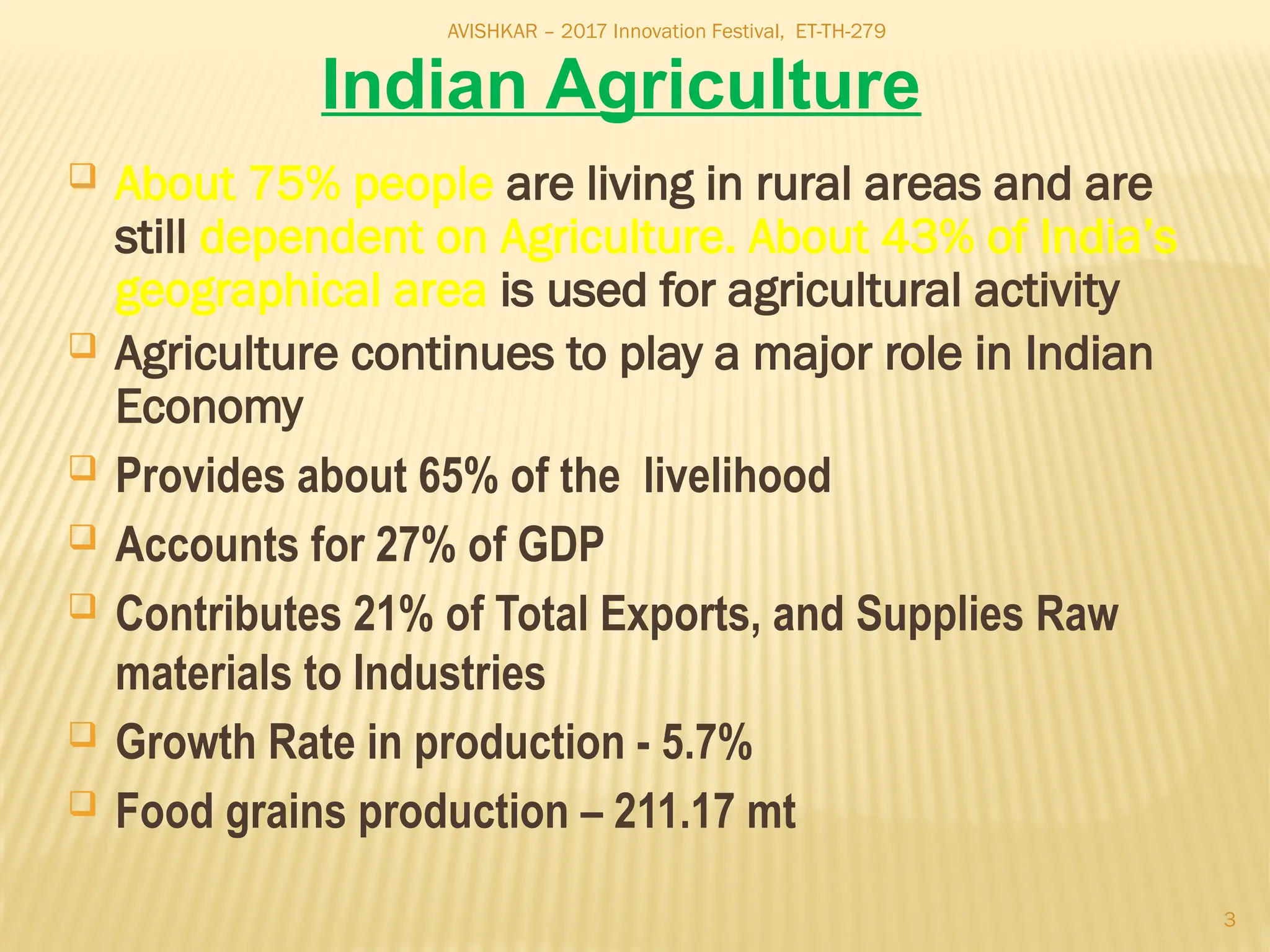 AVISHKAR – 2017 Innovation Festival, ET-TH-279
3
 About 75% people are living in rural areas and are
still dependent on Agriculture. About 43% of India’s
geographical area is used for agricultural activity
 Agriculture continues to play a major role in Indian
Economy
 Provides about 65% of the livelihood
 Accounts for 27% of GDP
 Contributes 21% of Total Exports, and Supplies Raw
materials to Industries
 Growth Rate in production - 5.7%
 Food grains production – 211.17 mt
Indian Agriculture
 