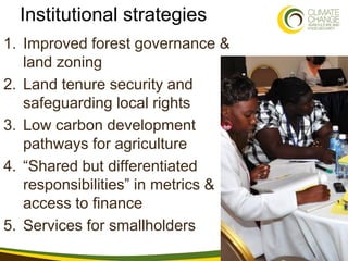 Institutional strategies
1. Improved forest governance &
   land zoning
2. Land tenure security and
   safeguarding local ...
