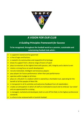 A VISION FOR OUR CLUB
                A Guiding Principles Framework for Success
    To be recognised, throughout the football world as a premier, sustainable and
                          entertaining football club which -

   is supporter owned and fan governed
   is free of egos and factions
   is rooted in its communities and respectful of its heritage
   draws its support from a diverse range of lovers of sport
   plays to entertain at the highest level with passion, skill, integrity and a desire to win
   retains a strong focus on youth development
   recruits motivated, intelligent and tenacious players
   pays players for future performance rather than past performance
   operates within budget at all times
   plays on a 3G pitch in a stadium which is owned by a charitable trust, operating for the
    benefit of all the people of West Fife
   is transparent in all its activities and welcomes feedback from all stakeholders
   creates an atmosphere in which all staff are motivated to excel and to embrace ‘our vision’
    and are appreciated for so doing
   is managed, marketed and developed, both on and off the field, to the highest professional
    standards
   is a force to be reckoned with in Scottish football.




                                                                                                  1
 