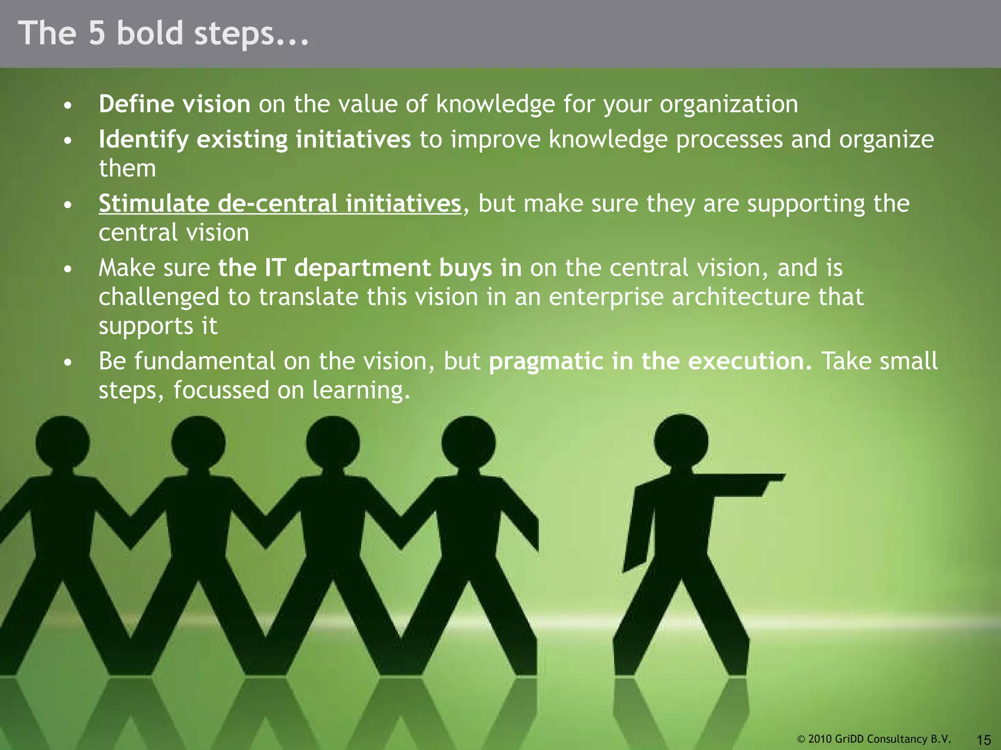 Define vision  on the value of knowledge for your organization Identify existing initiatives  to improve knowledge processes and organize them Stimulate de-central initiatives , but make sure they are supporting the central vision Make sure  the IT department buys in  on the central vision, and is challenged to translate this vision in an enterprise architecture that supports it Be fundamental on the vision, but  pragmatic in the execution.  Take small steps, focussed on learning. The 5 bold steps... © 2010 GriDD Consultancy B.V. 