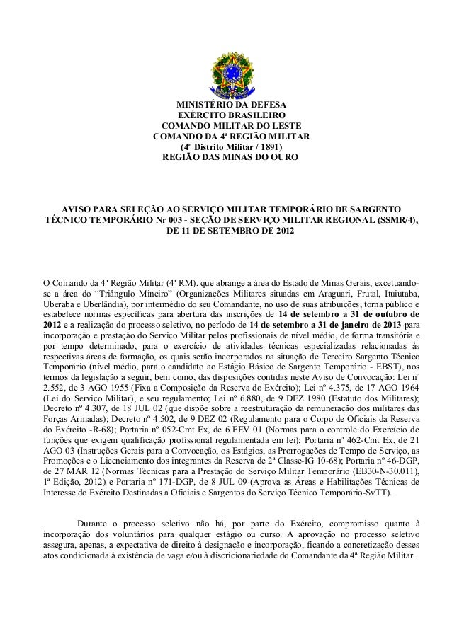 Aviso convocação de sargentos técnicos temporários da 4ª 