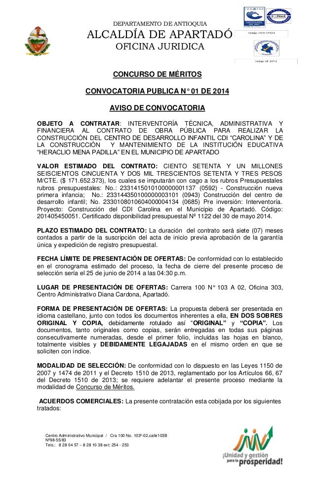 DEPARTAMENTO DE ANTIOQUIA
ALCALDÍA DE APARTADÓ
OFICINA JURIDICA
Centro Administrativo Municipal / Cra 100 No. 103ª-02,call...