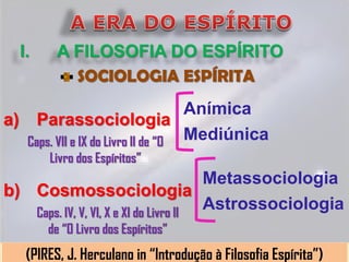 I.     A FILOSOFIA DO ESPÍRITO
           SOCIOLOGIA ESPÍRITA
                                   Anímica
a) Parassociologia
  Caps. VII e IX do Livro II de “O Mediúnica
       Livro dos Espíritos”
                                       Metassociologia
b) Cosmossociologia
   Caps. IV, V, VI, X e XI do Livro II
                                       Astrossociologia
       de “O Livro dos Espíritos”
   (PIRES, J. Herculano in “Introdução à Filosofia Espírita”)
 