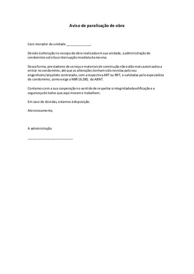 Aviso de paralizacao de obra
