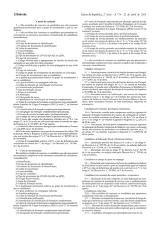 13166-(6) Diário da República, 2.ª série—N.º 78—22 de abril de 2013
Causas de exclusão
2 — São excluídos do concurso os candidatos que não possuam
qualificação profissional para o grupo de recrutamento a que se can-
didatam.
3 — São excluídos dos concursos os candidatos que preencham in-
corretamente os elementos necessários à formalização da candidatura,
nomeadamente:
a) O nome;
b) O tipo do documento de identificação;
c) O número do documento de identificação;
d) A data de nascimento;
e) A nacionalidade;
f) Tipo de candidato;
g) Tipo de provimento do LSVLD (QA/QE ou QZP);
h) Lugar de provimento;
i) Código inválido para o agrupamento de escolas ou escola não
agrupada em que estão providos/colocados;
j) Código inválido para o quadro de zona pedagógica em que estão
providos;
k) Lugar de colocação;
l) Código do grupo de recrutamento de provimento ou colocação;
m) O grupo de recrutamento a que se candidatam;
n) A qualificação profissional relativa ao grupo de recrutamento a
que se candidatam;
o) O grau académico ou conjugação indicada;
p) A data de obtenção da classificação profissional;
q) A classificação profissional;
r) Tipo de formação inicial;
s) O tipo de instituição;
t) A Instituição;
u) A designação do curso;
v) A ponderação da classificação da formação complementar;
w)Adata de conclusão da formação complementar/especializada/Di-
ploma Espanhol de Língua Estrangeira (DELE) nível C2 do Instituto
Cervantes;
x) A classificação da formação complementar/especializada;
y) A designação da formação complementar/especializada;
z) O tempo de serviço prestado após a profissionalização;
aa) O tempo de serviço prestado antes da profissionalização;
bb) O curso não constar dos despachos referidos nos n.os
2 e 3 do
artigo 55.º do ECD ou não ter sido concluído antes da entrada em vigor
do Decreto-Lei n.º 15/2007, de 19 de janeiro;
cc) O domínio não se encontrar abrangido pelo estabelecido na Portaria
n.º 212/2009, de 23 de fevereiro;
dd) Os docentes opositores ao grupo de recrutamento de código 290
(Educação Moral e Religiosa Católica) que não manifestem preferên-
cias nos termos dos artigos 8.º e 9.º do Decreto-Lei n.º 407/89, de 16
de Novembro;
ee) Grau de incapacidade inferior a 60 % e tipo de deficiência não
considerado nos termos do n.º 2 do artigo 2.º do Decreto-Lei n.º 29/2001,
de 3 de fevereiro.
4 — Falta de documentação:
São também excluídos do concurso os candidatos que não apresentem
documentação comprovativa dos elementos constantes da candidatura,
nomeadamente:
a) Identificação;
b) O tipo do documento de identificação;
c) O número do documento de identificação;
d) A data de nascimento;
e) A nacionalidade;
f) O tipo de candidato;
g) Tipo de provimento do LSVLD (QA/QE ou QZP);
h) O lugar de provimento;
i) Lugar de colocação;
j) O tipo de formação inicial;
k) A qualificação profissional relativa ao grupo de recrutamento a
que se candidatam;
l) O grau académico ou conjugação indicada;
m) A prática pedagógica;
n) A data de obtenção da classificação profissional;
o) A classificação profissional;
p) A ponderação da classificação da formação complementar;
q)Adata de conclusão da formação complementar/especializada/Di-
ploma Espanhol de Língua Estrangeira (DELE) nível C2 do Instituto
Cervantes;
r) A classificação da formação complementar/especializada;
s) A designação da formação complementar/especializada;
t) O curso de formação especializada em educação especial devida-
mente acreditado pelo Conselho Científico-Pedagógico da Formação
Contínua, nos termos da Portaria n.º 212/2009, de 23 de Fevereiro;
u) Diploma Espanhol de Língua Estrangeira (DELE) nível C2 do
Instituto Cervantes;
v) O tempo de serviço prestado após a profissionalização;
w) O tempo de serviço prestado antes da profissionalização;
x) O tempo de serviço prestado em estabelecimentos de educação
ou de ensino nos termos da alínea a) do n.º 3 e n.º 4 do artigo 10.º do
Decreto-Lei n.º 132/2012 e da alínea e) do ponto 6 do campo III do
presente aviso;
y) O tempo de serviço prestado em estabelecimentos de educação
ou de ensino nos termos da alínea b) do n.º 3 e n.º 4 do artigo 10.º do
Decreto-Lei n.º 132/2012 e da alínea f) do ponto 6 do campo III do
presente aviso;
5 — São excluídos do concurso os candidatos que não apresentem a
documentação comprovativa dos requisitos exigidos para a admissão a
concurso, nomeadamente:
Cidadãos estrangeiros:
5.1 — Autorização para o exercício de funções docentes em Portugal,
nos termos previstos no Decreto-Lei n.º 289/91, de 10 de agosto, alte-
rado pelo Decreto-Lei n.º 396/99, de 13 de outubro, e pelo Decreto-Lei
n.º 71/2003, de 10 de abril;
5.2 — Autorização para o exercício de funções docentes em Portugal,
nos termos do disposto nos artigos 46.º e 47.º do Tratado de Amizade,
Cooperação e Consulta entre a República Portuguesa e a República Fe-
derativa do Brasil, aprovado pela Resolução daAssembleia da República
n.º 83/2000, de 14 de dezembro;
5.3 — Reconhecimento de habilitação, nos termos do disposto
na alínea b) do n.º 1 do artigo 22.º do Estatuto da Carreira dos Edu-
cadores de Infância e dos Professores dos Ensinos Básico e Secun-
dário, para candidatos titulares de uma habilitação adquirida no
estrangeiro;
Candidatos provenientes das Regiões Autónomas:
5.4 — Declaração, emitida pelos competentes serviços regionais de
educação da Região Autónoma dos Açores, da verificação do cumpri-
mento da condição constante nas alíneas a) e b) do n.º 4 e na alínea a)
do n.º 5 do artigo 9.º do Decreto Legislativo Regional n.º 22/2012/A,
de 30 de maio;
5.5 — Declaração, emitida pelos competentes serviços regionais
de educação da Região Autónoma da Madeira, em como a colocação
obtida não resultou de preferência na ordenação, prevista no n.º 2
do artigo 15.º do Decreto Legislativo Regional n.º 14/2009/M, de
08 de junho;
Candidatos da Educação Moral e Religiosa Católica:
5.6 — Declaração prevista nas alíneas b) e c) do n.º 1 do artigo 4.º
do Decreto-Lei n.º 407/89, de 16 de novembro, na redação dada pelo
Decreto-Lei n.º 329/98, de 2 de novembro;
5.7 — Declaração prevista no artigo 9.º do Decreto-Lei n.º 407/89,
de 16 de novembro, na redação dada pelo Decreto-Lei n.º 329/98, de
2 de novembro;
Candidatos ao abrigo da quota de emprego:
5.8 — Declaração sob compromisso de honra de candidatos portadores
de deficiência na qual conste o grau de incapacidade igual ou superior
a 60 % e o tipo de deficiência, de acordo com o previsto no n.os
1 e 2 do
artigo 6.º do Decreto-Lei n.º 29/2001, de 3 de fevereiro;
Candidatos provenientes do ensino particular e cooperativo:
5.9 — Declaração de ter sido cumprido, ou estar dispensado do cum-
primento do contrato de prestação de serviços com o estabelecimento
de ensino particular ou cooperativo onde realizou a profissionalização,
nos termos do n.º 3 do artigo 42.º do Decreto-Lei n.º 287/88, de 19 de
agosto.
Candidaturas indevidas:
5.10 — São excluídos do concurso os candidatos que apresentem
candidaturas indevidas, nomeadamente:
5.11 — Docentes na situação de licença sem vencimento de longa du-
ração que concorrem ao concurso interno, e que não deram cumprimento
ao disposto no n.º 2 do artigo 22.º do Decreto-Lei n.º 132/2012;
5.12 — Docentes de carreira declarados incapacitados, para o exercí-
cio de funções docentes, pela junta médica regional, que se candidatam
ao concurso interno;
5.13 — Candidatos abrangidos por penalidades previstas na lei.
 