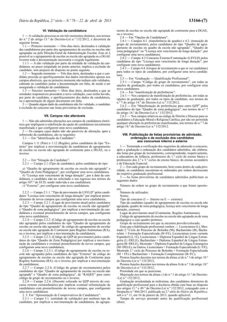 Diário da República, 2.ª série—N.º 78—22 de abril de 2013 13166-(7)
VI. Validação da candidatura
1 — Avalidação processa-se em três momentos distintos, nos termos
do n.º 2 do artigo 13.º do Decreto-Lei n.º 132/2012, e decorrerá da
seguinte forma:
1.1 — Primeiro momento — Oito dias úteis, destinados à validação
das candidaturas por parte dos agrupamentos de escolas ou escolas não
agrupadas ou pela Direção-Geral da Administração Escolar. Esta só é
possível se o agrupamento de escolas ou escola não agrupada ou a DGAE
tiverem toda a documentação necessária e exigida legalmente.
1.1.1 — A não validação por parte da entidade de validação da can-
didatura, no prazo estipulado no ponto anterior, implica a exclusão do
candidato, sem prejuízo do disposto no ponto seguinte.
1.2 — Segundo momento — Três dias úteis, destinados a que o can-
didato proceda ao aperfeiçoamento dos dados introduzidos apenas nos
campos alteráveis, que no primeiro momento não tenham sido validados,
cabendo ao candidato juntar a documentação em falta, de modo a ser
assegurada a validação da candidatura.
1.3 — Terceiro momento — Dois dias úteis, destinados a que as
entidades responsáveis procedem a nova validação, caso tenha havido,
por parte do candidato, o aperfeiçoamento dos dados da candidatura,
ou a apresentação de algum documento em falta.
2 — Quando algum dado da candidatura não for validado, o candidato
é excluído do concurso nas listas provisórias de exclusão.
VII. Campos não alteráveis
1 — Não são admitidas alterações aos campos de candidatura eletró-
nica que impliquem a redefinição da opção de candidatura inicialmente
manifestada e que configurem uma nova candidatura.
2 — Os campos cujos dados não são passíveis de alteração, após a
submissão da candidatura, são os seguintes:
2.1 — Em “Identificação do Candidato”:
Campos 1.11 (País) e 1.12 (Região), pelos candidatos do tipo “Ex-
terno” por implicar a movimentação da candidatura de agrupamento
de escolas ou escola não agrupada do continente para a DGAE, ou o
inverso.
2.2 — Em “Situação do Candidato”:
2.2.1 — Campo 2.1 (Tipo de candidato), pelos candidatos do tipo:
a) “Quadro de agrupamento de escolas ou escola não agrupada” e
“Quadro de Zona Pedagógica”, por configurar uma nova candidatura;
b) “Licença sem vencimento de longa duração”, por à data da can-
didatura, o candidato não ter solicitado o seu regresso nos termos do
artigo 107.º do ECD, sendo indevida a sua candidatura;
c) “Externo”, por configurar uma nova candidatura;
2.2.2 — Campo 2.1.1. “Tipo de provimento do LSVLD” pelos candi-
datos “Licença sem vencimento de longa duração” por implicar preen-
chimento de novos campos que configuram uma nova candidatura;
2.2.3 — Campo 2.2.1. (Lugar de provimento atual) pelos candidatos
do tipo “Quadro de agrupamento de escolas ou escola não agrupada”
e “Quadro de zona pedagógica”, por implicar a movimentação da can-
didatura e eventual preenchimento de novos campos, que configuram
uma nova candidatura;
2.2.4 — Campo 2.2.2. (Código do agrupamento de escolas ou escola
não agrupada) pelos candidatos do tipo “Quadro de agrupamento de
escolas ou escola não agrupada” de código do agrupamento de escolas
ou escola não agrupada do Continente para Regiões Autónomas (RA),
ou o inverso, por implicar a movimentação da candidatura;
2.2.5 — Campo 2.2.3. (Código de QZP de provimento) pelos candi-
datos do tipo “Quadro de Zona Pedagógica) por implicar a movimen-
tação da candidatura e eventual preenchimento de novos campos, que
configuram uma nova candidatura;
2.2.6 — Campo 2.2.3.1. (Código do agrupamento de escolas ou es-
cola não agrupada) pelos candidatos do tipo “Externo” de código do
agrupamento de escolas ou escola não agrupada do Continente para
Regiões Autónomas (RA), ou o inverso, por implicar a movimentação
da candidatura;
2.2.7 — Campo 2.2.4. (Código do grupo de recrutamento) pelos
candidatos do tipo “Quadro de agrupamento de escolas ou escola não
agrupada” e “Quadro de zona pedagógica”, de “RAQEE” para outro
código de grupo de recrutamento ou o inverso;
2.2.8 — Campo 2.2.6. (Docente colocado no QZP através do con-
curso externo extraordinário) por implicar eventual reformulação de
candidatura com preenchimento de novos campos, que configuram
uma nova candidatura.
2. 3. Em “Apresentação de Comprovativos de Candidatura”:
2.3.1 — Campo 3.1. (entidade de validação) por nenhum tipo de
candidato, por implicar a movimentação da candidatura, do agrupa-
mento de escolas ou escola não agrupada do continente para a DGAE,
ou o inverso;
2.4 — Em “Opções de Candidatura”:
2.4.1 — Campos 4.1. (transferência de quadro) e 4.2. (transição de
grupo de recrutamento), pelos candidatos do tipo “Quadro de agru-
pamento de escolas ou quadro de escola não agrupada”, “Quadro de
zona pedagógica” ou “Licença sem vencimento de longa duração”, por
configurar uma nova candidatura;
2.4.2 — Campo 4.3 Concurso Externo/Contratação (LSVLD) pelos
candidatos do tipo “Licença sem vencimento de longa duração”, por
configurar uma nova candidatura;
2.4.3 — Campo 4.4. (Grupos de recrutamento a que se vai candidatar)
para todos os tipos de candidatos, por configurar uma nova candida-
tura;
2.5 — Em “Graduação — Qualificação Profissional”:
2.5.1 — Campo “Código do grupo de recrutamento”, em todas as
opções de graduação, por todos os candidatos, por configurar uma
nova candidatura.
2.6 — Em “manifestação de preferências”:
2.6.1 — Nos campo(s) de manifestação de preferências, em todas as
opções de graduação, por todos os tipos de candidato, nos termos do
n.º 7 do artigo 14.º do Decreto-Lei n.º 132/2012;
2.6.2 — Em “Manifestação de preferências para outro QZP” pelos
candidatos do tipo “Quadro de zona pedagógica”, nos termos do n.º 7
do artigo 14.º do Decreto-Lei n.º 132/2012;
2.6.3 — Nos campos relativos ao código de Distrito e Diocese para os
candidatos a Educação Moral e Religiosa Católica, por não ser permitida
qualquer alteração às preferências manifestadas, nos termos do n.º 7 do
artigo 14.º do Decreto-Lei n.º 132/2012.
VIII. Publicitação de listas provisórias de admissão,
ordenação e de exclusão dos candidatos
aos concursos interno e externo
1 — Terminada a verificação dos requisitos de admissão a concurso,
após a graduação e ordenação dos candidatos admitidos, são elabora-
das listas por grupo de recrutamento, correspondendo, respetivamente,
a educadores de infância, professores do 1.º ciclo do ensino básico e
professores dos 2.º e 3.º ciclos do ensino básico, do ensino secundário
e da Educação Especial.
2 — Em cada grupo de recrutamento, bem como dentro de cada prio-
ridade, os candidatos encontram-se ordenados por ordem decrescente
da respetiva graduação profissional.
3 — As listas provisórias de candidatos admitidos publicitam os
seguintes dados:
Número de ordem no grupo de recrutamento a que foram oposito-
res;
Número de utilizador;
Nome;
Tipo de concurso (I — Interno ou E — externo);
Tipo de candidato (quadro de agrupamento de escolas ou escola não
agrupada, quadro de zona pedagógica, licença sem vencimento de longa
duração, externo);
Lugar de provimento atual (Continente, Regiões Autónomas);
Código de agrupamento de escolas ou escola não agrupada ou de zona
pedagógica a cujo quadro pertence;
Grupo de recrutamento em que se encontra provido/colocado;
Grau que a habilitação profissional confere — Licenciatura (L), Mes-
trado 2.º Ciclo do Processo de Bolonha (M), Bacharelato (B), Bacha-
relato + Formação Especializada (B+FE), Licenciatura (com variante
Espanhol) (L+E), Licenciatura + Diploma Espanhol de Língua Estran-
geira (L+DELE), Bacharelato + Diploma Espanhol de Língua Estran-
geira (B+DELE), Mestrado + Diploma Espanhol de Língua Estrangeira
(M+DELE), ou Outros, Licenciatura + Formação Especializada (L+FE),
Mestrado 2.º ciclo do Processo de Bolonha + Formação Especializada
(M + FE) e Bacharelato + Formação Complementar (B+FC);
Prestou funções docentes nos termos da alínea a) do n.º 3 do artigo 10.º
do Decreto-Lei n.º 132/2012;
Prestou funções docentes nos termos da alínea b) do n.º 3 do artigo 10.º
do Decreto-Lei n.º 132/2012;
Prioridade em que se posiciona;
Majoração nos termos da alínea c) do n.º 1 do artigo 11.º do Decreto-
-Lei n.º 132/2012;
Graduação arredondada às milésimas, dos candidatos detentores de
qualificação profissional para a docência obtida com base no disposto
nos artigos 11.º e 49.º do Decreto-Lei n.º 132/2012, conjugado com o
Despacho n.º 866/2013, publicado na 2.ª série do Diário da República,
sob o n.º 11, em 16 de janeiro de 2013, quando aplicável;
Tempo de serviço prestado antes da qualificação profissional
(dias);
 
