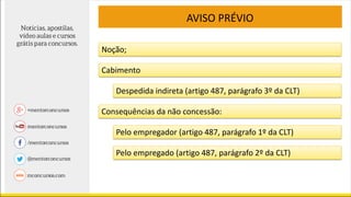 AVISO PRÉVIO
Noção;
Cabimento
Despedida indireta (artigo 487, parágrafo 3º da CLT)
Consequências da não concessão:
Pelo empregador (artigo 487, parágrafo 1º da CLT)
Pelo empregado (artigo 487, parágrafo 2º da CLT)
 