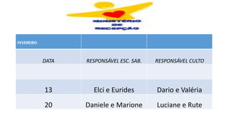 FEVEREIRO
DATA RESPONSÁVEL ESC. SAB. RESPONSÁVEL CULTO
13 Elci e Eurides Dario e Valéria
20 Daniele e Marione Luciane e Rute
 