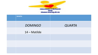 Janeiro
DOMINGO QUARTA
14 – Matilde
 