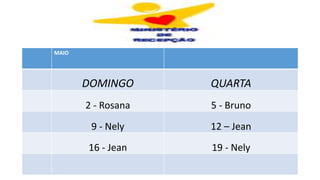 MAIO
DOMINGO QUARTA
2 - Rosana 5 - Bruno
9 - Nely 12 – Jean
16 - Jean 19 - Nely
 