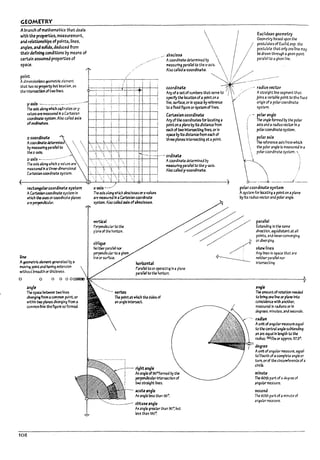 GEOMETRY
A branch ofmathematics that deals
with the properties, measurement,
and relationships ofpoints,lines,
angles, and solids,deduud from
tneirdefining a>nditions Dy means of
urt.1in assumed properties of
spau.
point
Adimensionless geometric element
that h3s no propertY!lut Ioc3tlon. as
the rn~rsectIon oftwo hnes.
line
y-axis - ......._._..._...............-
The 3x1s along which o;d1nates or y.
V3lues are ~sured In aCartesian
coordln4U system. Also called axis
ofordfuUs.
z-coordinate
Acoordlnzte determl
!1y ~surlng parallel to
thez·axls.
z-axis _........-..---..
The axis 310ng whk:h z-V3lues are
measurea In athree-dimensiOnal
Ca~ian coordinate sys~m.
rutangu~r coordilU'te system
AC4rtesbn coordinate system In
which the axes orcoordinzte planes
are perpendlculdr.
A ~ elementgenerated !1ya
moving point 3nel ~vlng extension
wlthOllt breadth or thickness.
o 0
a~le
The space l1etween two lines
dlvergl~ from acom.mon point. or
within two planes diverging from a
common hne: the figure so fonnea.
108
/
_.' a17scissa
Acoordlna~ detennlnea !1y
measuring parallel to the x-axis.
Also called x-coordlnau. .
/1
1/
l;
Euclidean geometry
Geometly based upon the
postulates of Eucnd, esp. the
postulJte that only one Mne may
pe drawn throu~h agiven point
parallel to agiven line.
caordinate '/: 
AIry ofasetofnumms that serve to !
s~1fy the location ofa point on a
.", radius vector
Astraight line segment that
JOins 3 V3rla~ point to ~he fixed
origin of apolarcoordinate
system.
i i i : I .I I
Itn-! il I
nnt, 5Umce. orIn space !1y referenct
to aftxed figure orsystemof hnes.
c.aJ1:.es~n caordinate
AIry ofthe coordlnates for locatIng a
point on aplane PyIts dlstana from
each of two Intersectln~ hnes, orIn
~ !1yIts distancefrom each of
three planes Intersecting at apoint.
l"'4....-.j..--: ....- ordinate
.........-"-'.-"'-c-..l.'-;--;.:..,..--f----H-+--+ Acoordinateaetennlnea !1y
x-axis --_.'
~rlng pal.i~1 to they-axis.
A!:so calle<l y-coordlnm.
T}.e axis aloog which abscls53s orx-values
are I!1e3$Ure.:I In 3 C3rtesian coor&nate
system. Also calLed axis of.1~ssas.
ver"..ical
f~~iartot:he
p!3neof~ horizon.
horizonbl
faraneltoorope,..tlr~ Ina plane
paraIleit.o the horizon.
--.- vertex
The point at which the sides of
an lIng!e 1nterseG't.
.--+----- right angle
l Anang1eofWf~!1ythe
. perpena1cularIntersection of
two straight lines.
"--. 3Cute JnSIe
An angle less than OO~
'.-.-.-" -----.-.-.-. o~u!Je Jngle
An angle grea~r than 9O~ Uut
less than 100°.
pobr angle
The angle fortned !1y the polar
axis and a radius vector In a
polarcoordinate system.
polar axis
The reference axis from which
the polJr angle Is measured In a
polar coordinate system. '
.__ .___f __
pobr coordinau system
Asystem for locating apoint on aplane
!1yIts radius vector and polarangie.
paralld
Extending In the same
direction. eq!Jldlstant at alf
pOints. and neverconverging
or diverging.
skew lines
Any lines In space that are
neither parallel nor
Intersecting.
angle
The amount ofrot3tIon neeaea
to lning one nne or plane Into
coincidence with another.
measured in radlans or In
degrees. minutes. and seconas.
radiln
Aunit ofangular measure equal
to the central3ngle subtendlng
an arc equal In length to the
radius: ~/21t orapprox. 57:3°.
degree
Aunit ofangular measure. equal
to'J~th of3 complete angle or
tum. orof the circUMferenCe ofa
circle.
minute
The 60th Dart of a aearee of
angular ~asure. -
~ccnd
The 60th part of a minute of
angular measure.
I
I
J
, i
1 _
 