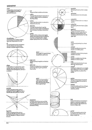 GEOMETRY
circle
.'----.-.-- arc
Aclosed pl3necurve everypoint of
which 15eq~1Tt from aflxed
point within the curve. .../: Any,P3rt of the clrcumferenu of acircle.
:' r-'''--''-' raalus
.... / Astra~ht hne extendl~ from the center:f
1
111r: ill circle or sphere to the circumference or
Poundmg surface.
....-.. sector
Aptar.t figure rounded by tliO radii and t~.!
Includ.e.d arc of a Circle.
------ ..- --- di3meter
circumference __J
The roundary hne ofaclosed curvilinear
'flgure, esp. the perimeter-ofacircle.
pi
The sym~ol Jt aef'(Jtlng tM ratio retween
the circumference of 3 circle and Its
diameter, accnstolrrt equ~ to 3.14159+,
Astraight line extending through the
cen~ of acircle or sphere.na meetlng ~
circumference or Poundl~ surface at eacb
end.
'.~..-- - cenUr
The pcint within acircle or sphere equally
d1staITt from 311 ~nts of the clrcumferer.::t
or surf.ice. or the point within 3 regular
polygon tqU311y dlstant from the vertices..
cherd -------- ....------------.-,
The straight nne segment ~~ 
"
two points on • ~lven curve.
; ./ I "'>'"
,',/ . ..,......"
-..g-.---+----r.~-
i ,
~. ..~------ ---------~?'~~:slngthrough the tn'ofocl ofan
__----'--I__
-.-- eUl~
e{Jj~ I , -,-------- minor axis
Aclosed pbne curve generated by apoint
~ In such aW7"j th.t the sums of Its
dlst.nces from tl'lC flxed points, the fOCi. Is
a constant.
hyper~ol.
Apl.ne curve 9tnerated by3 point so
~ th~ the difference ofthe distances
(rom two flx&f points In the pl3ne remains
constant.
110
The axis ofan ellipse that Is perpendicular
to the :T".3jaraxis ata point eq~!dlstant
from the foci.
!
I
i
i
spiral.··--..-.... -.....------- I
Aplane curve ~t3tea by..
point moving around afixed
.,---- asymptote
point while const4ntly recea:."oJ
from or appl'03chl11g It.
Astralglr; One nmiting acurve such that
the perpenalCular d1s~nce from the curve
to the n~ approaches zero.s the curve Is
extenkd to Inflnlty_
-..... eccentric
Not having the same center Or center
line.
off-center
Not centered orat the center point.
_----------.., concentric
Having acommon center. as clrc~s or
spheres.
._-- centerline ,
An Imaginary line that plsects. plane
figure.
___________. q,~rant
An arc of 9O~ or any of the four
a,uarterslnto which aplane figure Is
dM:Jed by two perpendlcutar lines,
numrered counterclockwise from the
upper right.
(t ~UC:,,"o,,1yb"J,",""".wlth",t
angles.
~---________.._____..--.-------. concave
~ Curved Inward like the Interior of a
circular arc or hollow sphere.
----------- inflection
..------. evolute
fhe locus of the centers of curvature
of. orthe envelope of the nortTUts to.
anothercurve.
..-.-..---- Involute
Acurve traced by a point on;a string as
It Is l:ept taut and unwound from a
stationary cylinder.
.....--------.-..-----.--. helix
Athree'dimensional curve tr3Ced on a
cylinderor cone Py the rota'tlon of-a
point crossing Its right ~tlo"S at a
constanto!:>llque angle.
cycloId
Acurve generated by a pOint on the
circumference of acircle 3S It rolls
along a straight line.
 