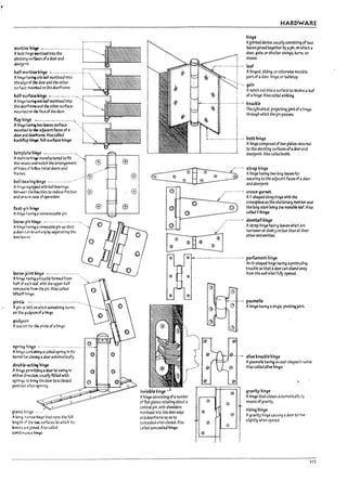 I
~l
mortise hi~ ~----------------------­
APun hinge I10rtLsed Into the
aMtln~ sur-f.las ofadoor and
doojam!7_
~ah~;~~:oh~"6t;';;I~;d~~~-----I:---'.
th~ tdge of the door anathe other : ...
5urf~-moofTk.d on the doorfra me. .L---,='==-t~~
half-suriacdinge ..---------- --
Ahin..3~ hJvi~ one!af mortised Into
the doorfrarneana the other surface-
moul1won the face of the door.
flap billge ------------------,
Ah~ 1uvI~ mo le3ves surface- ".
mounteJ to tile adpcent faces of a
dooranado<rlrarne. Also called
l7acl:fup hl,,¥, fun-surface hinge.
templ1te hinge ~-- ________.___ ,.
Amortise hlr'¥ rnanufa<;turea to fit
the rea:5S and match the arrangement
of hck5 of hc&w metal doors and
fran-.es.
17afl-P~Jring hinge ~----- -. --- -.- ---
A hir-¥ eqUipped with!r.lll loearlngs
bet~n the klltJdles to reduce friction
and ensure e:35e of ~ratlon.
b:rt-pin hi"¥
II hl~e having a nonremovaule pin.
_.--- (£5
Iocs-e-pin hinge -------------------.--...
A h~e bvlng;l reroovable pin so thilt
a door can be unhuf11 P:isepar.ltlng the
t.¥o~;l"es_
Iocs-e-joint hinge ------- -- -- -------'.
Ahinge hJving 3 knudle formecl from
half of e3ch bf, wlth the upper haff
remon ~ from the pin. Also called
liftcff nl~e.
pintle --.---- ------- ---- ---- -- - --.
Apin CW' rolt on which something turns, --.-.
as tI-~ gudqeon of ahingt.
gudge.on
II socl:et for the pintle of ahinge.
tlpring hinge ~.---..-------- ..--------- -~-
Ahinge co~ a coiled spring In Its 10
VarTel for closing adoor automatically.
aou17te-acti"!'l hinge
A hinge pumlttlng 3 door to swing In
either direction. uSUJIly fitted with
sprlngs to mngthe doof to acIosea
poslt1cn after opening.
piano hinge
II long. narrow hinge that runs the full
length of the two surfaces to which Its
~aves ~repnd Also called
con ti rHiOtJ 5 hin¥
HARDWARE
hinge
Ajointed device. uSUJl1y conslstlng of two
leavesJolnea together lJy 3 pin. on which a
door. ga~. or shutter swings. turns, Or
moves.
leaf
Ahinged. sliding. or otherwise mevable
part of adoor. hinge, or tabletop.
-. gain
Anotch cut Into 3 surface to reuive a leaf
of a hln~. Also called sInkIng.
-.------- ---- knuckle
.~ . The cylindrical. proJecting jointof ahinge
through whIch the pin passes. .
-'" htthinge
Ahinge composed of two pf3tes secured
to the auuttlng surfaces ofadoor and
aoo1amu. Also called Putt.
.r----. strap hinge
o Ahinge having two long !eaves for
securing to the adpeent faces of 3 door
and doorjamu.
.'----. -- --'" cross-garnet
.' Ar-shaped strap hinge with the
crosspiece as the stationary 1!1emPa-and
the long stem loeing the mava!7!e rat. Also
called T-h1"9/!:.
.- .-------- dovetail hl~e
" Astrap hinge having ~es which are
, • narrowerat theirJunctlon than it ~ei;-
~ ather extremities.
~
.------ -- ------- .-- "--'" parliament hinge
invi,/lIle hinge
------.j
·Y·~
~
:!)
r·····
Ahinge consisting of3 num!7er
of flat plates rotating arout a
central pin, with shouklers
mortised Into the door edge
and doorframe so as to
concealed when cloSed. Also
called conualeJ hlf14e.
,......---,
0
®
0
®
D
®
0
®
0
' - - - -
An H·shaped hinge h4vfng aprotrua'1ng
knuckle so tllata door~n stand ..~
from the wall when My opened.
--- pau~lIe
I"r--
..1
Ahinge having .. single, plvatl~joi.rTt.
olive knuckle hinge
Apaumelle having an MI-shaped knuckle.
Also called olive hinge.
gravity hinge
A hinge that closes automatically by
means of gravity.
rI'lng hinge
Agravity hinge causing adoor to riSt
slightly when ope~d.
115
 