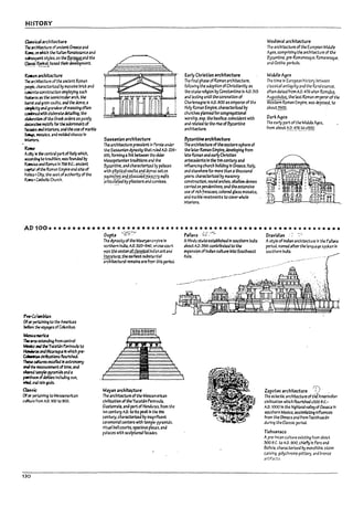 HISTORY
~~I~rch~re
Thean;hftecture ofanc!erttGruce and
~ ~ which theItaf14n RtI12Iss.nce and
~t styles,as the ~~and ~e
~ ~~ IT.ase4 tI1drdevelopment.
RDiun ~rchitecture
The~hlttcture of the ancient Roman
~ charactertua Dy massive ~ and
~..e COf1stroctlon employing such
~ as the semlclrcubrarch. the
~ and groin V3uItS, and the dome, a
~and granJeurofmassing often
~withelabor.lteMtalhng. the
~ of the Gred: orders as purely
~ motifs for the amrnentof
~ 3IId Interiors, and the useof marPle
~ I105alcs, and molkd stucco In
~
RDee
Aat:'1ft ~ central part ofItaly wI1lch.
~ to tradition, was founded l1y
Rc:In:Ius and Remus In 756 6.c~ ancient
~l of~ Roman Empire and s~ of
V~ nCIty, the sea t ofauthority of the
Roroon c.thollc Church.
Sassanlan architecture
The architecture prevalent In Persia under
the Sassanlan dynastytlut rvl.ed A.D. 2:26-
651. forming ahnk l1etween the older
Mesopotamian traditions arid the
Byzantine, and character!ztd ~ palaces
with ~lll~~~r.vau.ltsa~dA~rr.es set on
.?<lllnchesanE.~kuCCOl;(~'?c~i)'lYllI?
.art1cu~~ by pilasters and c.xnices..
Early Christian architecture
The final phase of Roman architecture,
following the adoption ofChristianity as
the state re~1on by Constantine In A.D. :31:3
and lasting until the coronation of
Charemagne In A.D. 000 as emperor of the
Holy Roman Empire. characterized Py
churchts planned forcongregational
worship. esp. the basilica: coincident with
and related to the rise of 6yz3ntlne
archIte:ctureo
6yzantSne,rchitecture
The architecture ofthe e3stern sphere of
the later Roman Empire. tfeveloplng from
late Roman and earlyChristian
anteceaents In the 5th century and
Influencing church Irolldlng In Greece. Italy.
and elsewhere for more than athousand
years: characterized by masonry
construction. round arches. shallowdomes
carried on ~ndentlves. andthe extensive
use of rich !rescoe~. colored glass mosaics,
and marPle revetments to (,(Ner whole
Interiors.
Medieval architecture
The architecture of the Euro~n Middle
~es, comprising the architecture of the
Byzantine, pre-Romanesque, Romanesque,
and Gothic periods.
Middle~e5
The time In European hiStory between
classical antiquity and the Renaissance,
often dated from AD. 476 when Romulus
Augustulu~.the last Roman emperoroiihe
Vestem Roman Emplre, was ~. to
aDout~
Dark~es
The early part ofthe Middle!<.¥s.
from a!1out A.D. £~!:<?~1.100.
AD100 ••••••••••••••••••••••••••••••••••••••••••••••••• •••••••••••
Pre-Ccl1Im~n
OfCK ~Ining 1:0 the Amerlc3s
befi:lre ~ vr:JP¥s of~mll.us.
~1Mric.a
Thearea extendI"!:J from central
t.4c::dc:o 2td;fIeY~n Peninsula to
~ and Nlc3ra~ In which pre-
~ cJvIlimbtsflourished.
~ ~rcs excelled In astronomy
aM~ Ile3SU~ of"me, ana
sIIare.a ~ple-pyram:ds and a
~ ofdeities Incfudlng sun.
lriad. ar.& rain gods.
~
Of or~Inlng to IkSQ;lmerican
cufture from AD. 100 to 900.
130
Gupta ,[O~·~:';' Pall.v3 S{.·.'~ D~vid~n .::~...:.
The dynastyofthe Mauryan empire In AHindu st."teestal7llshea In southern India Astyle of Indian architecture In the fal1.?n
northern India. AD. 320-540, ",-hose court auout AD.:550: contrluuted to the period, named ~ the langUJ¥ spoken In
~!l.s ~hc center.Q{~~~lj;.allna:3 n..artana expansion ofIndian cultllre Into Southeast southern India.
~~~~.the earliest suUstaiotial AsI3.
architectural remains are from this period.
Mayan architej;ture
The architectureofthe Mesoamerican
civilization oftheYucatan Penlnsub.
Guatemala.and part of Horldur35, from the
1stcentury AD. toIts peak In the 9th
century. characterized l1y magniflcent
ceremonial centers with temple·pj'T'3mlds.
ritual ball courts. spacious pfa~s, and
palaces with sculpturea facades.
.-----~......--..-"---- ..---
--.....,.,-......-.
r,)
Zapotu~rchltuture ~j .
The eclectic architecture oftillAmerindian
civilization which flourished e500 B.C.-
A.D. 1000 In the highland valleyofOaxaca In
southern Mexlw, assimilating Influences
from the OImecs ana fromreotlh~3n
during the Classic period.
Tiahuanaco
Apre-Incan culture existing from about
:300 B.C. to A.D. 900, chiefly In Peru ana
Bollvl3, characterlud Dy monolithic stone
c"lrvlng. polychrome pottery. and Dronze
artifacts
i
'I
J
.. t
1-.·
I
 