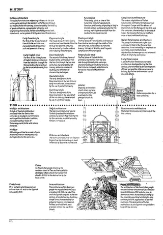 HISTORY
Gothic architecture Renaissance
The style ofarchitecture ~lnatlng In France In the 12th
centulj';lnd exl:stlng In the western ~If of Europe throu~h
the rnWIe ofthe 16th~.chamterized l7y the 17uiki:~~
ofgreat cathedrals. a~lve lightening ana
The actlvlty. spirit, or time of the
numanlstlc revival ofclassical art,
nterature. ;lnd learning originating In Italy In
the 14th centuryanaextendln9 u, the 17th
century. mari:J"9 the transltlon from the
medleval tc the modern world.
helghtenln9 ofstnscture.;lnd the useof the pointed arch.
ri17l7ea vault. and a~ ofrichly decoratea fenestr;;tion. :
E.1rly French style
The flrst ofthe three phases of
Freneh Gothic archIt.ectureo
ch2~ 7y the pOinted
arch ana~rlc tracery.
E.1rfy EngUsh style
The first oftheth~ phases
of ~1Ish Gothic architecture
from the 1&12th through the
15thcenturies. characterized
j..7ythe lanatwindow and plate
/'
// r " .
R3yon/'3rrt style Flamboyant style
The rr,W~ pnase of French Gothic The flll3l phase of French Gothic architecture
archltect;,:(e from tM end of the 13tI1 from ~ bt814th through the middle ofthe
tnrough the bt814~ c.entlJrIes. 16th centuries. charntenua I1y flamellke
cha~.dJ by clrcubr windows traCt1j'.lnt.rkaCy of aetaillng. ana frequent
with r;;.i3tJ~ tk1es of tracery. compnc.tlon oflntaior space.
Deca~ s~ Perpendicul.1r 5tyle
.The secorJ of the thru plt;ses of The flrI4/ phase of Engllsh Gothic
Engnsh Gothic architecture from archftectijre prMm~ from the late
the l3te eth tnr'0U4h ~ iat814th 14th through the ~rly 16th centuries.
centuries. ~~ P-tIth charact.erizta I1y perpendlcubrtr;;·celj'.
tracery. ~PoI7te ornamental flne Intrbt8 sto~. anaelarorate
vaultln.g. a:".a reflnementof fan vaults. Also cafled RectIlinear
stontC~ techniques. sty/e.
Geometric 5tyie
The e3 rly ~e!op:nem: oft.~
Deco~.&:l style in the 1at81.'3th and
early14t:!1 centuries. charact.erized
I1y the use ofgtometric tr3cerJ'.
Curvilil'leJr style
minstu
Renaissance architecture
The various adaptations of ttaflan
Renaissance architecture that occurred
throughout Euro~ until the advent of
Mannerism ana the Baroque In th816th and
17th centuries, ch3racterfu.d 7y the u~ of
Itall3n Renaissance fonns and motifs In
more or less tradltlonall?urldln~s.
itJlian Renaissance architecture
The group of architectural styles t~t
originated In Italy In the 15th and 16th
~turies. cnmcterizea I1y an emph4isls on
symmetry. eX3Ct mathematlc.1
relatlonshlps l1etween parts, ana anoverall
effect of simplicity and repose.
E.1rly Renaissance
A style of tta113n Renalssa1lCe art and
architecture developed aurlng the 15th
century. cllaracterlzed ":ithe development
of Onear perspective.chiaroscuro, and In
l?u1l:iJng. by the free and Inventive esc:: of
ct..ssica/ details.
duomo
./ta/l3n ciesl~natlon for a
true cathedral
The lr..e:- de¥elopr.-.e:1t of the
Deco~..ed style In the ~a half
of the 14~ cem:ury. cha~rtz.ed
I1y use cf c;.w'V1Il1le3rmCt:!j'.
Originally. a monastery
church: bw. any large
or Importantchurch, as
acathedral or the
prlnclpal church of3
town. I I ~1W
II •
1100 •••••••••••••••••••••••••••••••••••••••••••
Muatpr .archit.ec1:vre SeUuk archittcture n
Astyle ofSpanl$h ~ltecture The Isla::"llearchitecture eX sev~1 .L.
produced from the Cd! to 16th run:lsh ~~ ~t ruled over "P
unturies Py Mudejars and ClIristlans centnl.I"J ~tern Asta from the t1th 8
~ within the Musllrr. tr3dltlon. to ~th cen';;Jrie-s. much lnfh:enua boy 6
cholracterized Pyafuslon of Persl3n adite.cture.~-I
Rocrunesque anaGothic witJllslamlc
eIe1nents.
Mudej~r
AMuslim permitted ta re~1n In Spain
3f"eer the Christtan reconq~. esp.
during the 8th to Gth centuries.
Chimu
Otu,rna narchit.ecture
The Islar.1iC ~rchttectlre of the Ottom3n
Empire frcm the )4t:!1 ce!1tuf)' on. much
Irrfluenua ';y &yz;orrUM architecture.
An Amerindian people Inha17t;;:-.g the
northem coast of Peru and h~ng • highly
developea urban culture that ~sted from
al10ut "'.D.loooto Its destr~lOn I1y the
Incas c1470.
P~tcl.1"ic
OfOf' pertaining ta tksoamerican
culture from AD. 900 ta the Spanish
conquest In 1519.
132
InC.1 architecture
The arcn~re of ~ Quxnuan
people who migrated lntc theCuzco
area aroutAJ).l100;lrd ruled Peru
urrtll the S,anl5h corl<'luest In the 16th
untury. chmct.enua esp. P-t strong
simple forms of smooth ashlaror
polygonal mJ sonrj which was cut.
flnlshed. ana Atted~.h great
precision withclJt the use ofIron
chisels.
"
:~ • • • • • • • • • • • • • 48 • •
Quattrocento architecture
The ttall3n Renaissance archltecture of the
15ti1 century.
~~" -
The archItecture ofthe Amerindian people
who settled near the shore of uke Texcoco
In central Mexico cl352 and who rose to
dominance c145O: charaet8rIuJchiefly Py
the PJT3mld supportln9 twin t8mples on a
common platform. approached 7y paratle/
stairways. The destruction of AzteG
archtte.cture I1y the Spanish conquistadors
have left few remains.
1
I
. ,I
I ~
.-
, '
I
.......
L
L
L
I
L
L
 