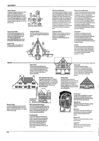 HISTORY
Gothic Revival
A movement aimed 1treviving the spirit
and forms ofGothic architectl.Jre,
origlnatlng In the late lath century put
flourishing mainlyIn the 19th century In
France. ~ny. Engbndand to alesser
~nt In the U.S. Gothic remalnea the
accepted style for churches wdllnto the
2Ot11 century.
SUamboat Gothic
Aflorld al'Chltectur.illsty!e used for
homes l1u1lt In the middleofthe 19th
century In the OhioaM Mississippi
riverVll~, suggestlng the
gln~d-~ construction
ofriverroa'ts ofthe ~n period.
gingerhead
~vlly, gaUdily, and superfluously
ornamented, esp.ln architecture.
collegiau Gothic
Asecularversion ofGothic archrtecture,
as In the alaer colleges ofCam?ridge and
Oxford.
Victorian architecture
The revival ~nd eclectic architecture, decor.
and furnishings popularIn English-spe3l:lng
countries during the reign ofQueen Y1ctoeia
of England, la:37-1901. characterized ~
rapid ch3r1¥s of style as aconsequence of
3esthetk: controv~rsy and technolo<;llcal
Innovations. Dy the frequent presence of
ostentatious ornament, and ?y an overall
trend from classicism at the start to
romantlclsm and eclecticism at the middle
of the per.od and thenceto classlclsm
again.
wrpenter Gothic
Astyle of VICtorian Gothic architecture
In the 19tII century adapted ~ artlsan-
Dullders to the resources of
contemporary woodworking tools and
machinery.
BeJwc-Arts architecture
Astyle of architecture favored ?y the Ecole
des Beaux-Arts In late 19th-centuryFrance
and adoptM In the us. and elsewhere
c1s()O, characterized ?y symmetrical plans
and the ~fe.ctlc useofarchitectural
features comlnnea so as to give a massive,
efa!1orate, and often ostentatious effect.
The term Is often used In a pejorative sense
to deskjnate excessive formalism
dlsreg3rdlng considerations of structural
truth, aav.nce.aaesthetic theory, rational
planning. or economy.
eclect!cism
AtenJency In architecture and the
decoratlve arts to freely mix V;;JrJous
hlstorlc3lstyles with the aim ofcombining
the virtues of diverse sources. or of
Increaslng anusive content. particularly
dueing ~ second halfof the 19thcentury In
Euro~ ar.d the US.
ec!ectlc
Ofor pertaining to wo~s of archlttctu~
and the decorative arts that aerivt! from a
wtk ra ~e of hIstoric styles. the style In
each Instance PeJng chosen for Its aeemeJ
appropruteness to local tradltlon,
geography,orcutture.
1800 ...................................,At=~~61~~~
Mis,ion Styfe
Astyle ofarch~re associated with
that of early Spanish colonial missions In
Mexico and the southwestern U.s.• maInly
In the 15th century.
134
R.1tional~m
Acleslgn lI"C1'ement of ~ mld-l9ti1
century that emphasizea the decorative
use of lTt3terials and!extures ar.d the
development ofornament as an ~ral
part of3 structure r3therthan as
appl1ed adornment.
Arts and Craft5 Movement
.Amovement th4t origln.ote.:l in Eng~nd
cle60 as a ~ctIon against poor-qua!Jty
mass-produuJ goods, ccXtivl~ ofcrnt
and decoratbfl as asl~le tntlty In the
handcraftl~ of roth uttti~rl3n and
tIecoratlve cPjects.
R1chard~nJan Romane~ue
The revival of the Rom3nesque s~ In the
U.S. Py Henry Ho~ R1ch3rdson,"'~e6,
and his followers. chamterlzed Py htavy
arches. rustlc3ted masonry walls. ana
aramatlc asymmetrical effects.
Rundbogen~1I
Astyle ofarchitecture In the mid-19th
century. esp. In Germany. ch3racterizea
~ the use of the round-arch motlf;and
complnlng In varJous~rees elerr~
from the EarlyChristlan. 6yz3ntlM.
RolTt3n~ue, and Early Renaissance
styles: from the Germjln term for round-
arched style.
Shi~le style
5tickstyte
An eckctlc style ofAmerican
archltecw~ In the second half of the
19th c.cntuljI. char.aeterized esp. by the
use ofvertlcJl Po3rd siding with ?attens
or grids of ~rds over horizontal siding
to express the frame construction
Peneath.
An American style ofdomestic
architecture during the second haft of
the 19th century. characterlzed by the
extensive use of wood shingles as
exterior claddlng Oier aUmlier fr3rne
andfrequently asymmetrical and fluid
plan arrangements.
Art NcU't'eau
Astyle offine and applied art current In
the late 19th and early 20th centuries.
cha~ Pyfluid. unduf3tln~ motifs.
often derived from natural forms.
~1eliPerty
The ltallan version ofArt Nouveau. namea
afterthe flrm oflJPerty and Co. In
t.cndon.
Seu'5ion .
The Austrian version of Art Nouveau. so
named rec.ause Its adherents seceded
from the official Academy of Art In
Vlenna.
Moderni5mo
The Spanish. particularly CataIan. version
of Art Nouveau.
Ju¥nd,ul
Art Nouveau as practiced In German-
s~aklng countries: from the German
term fo' youth style.
J
~ I
'. J
I
.~
!
J
~ ..
I .
r
I '
) !
r
I
t
 