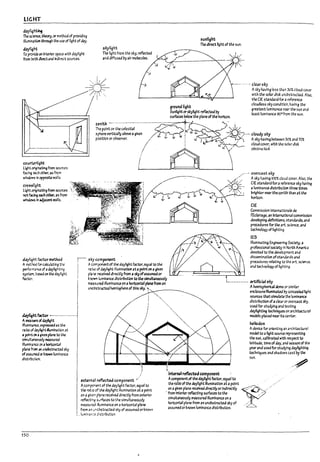 LIGHT
d3y!~~
The sclenU, theay, Of method of providing
Ulu!TIinJUon ;h~b the use of ~ht ofby.
d.1y1~ht
r0 ~ an Interior space with daylight
from roth direct 3nd Indirut source5.
skyrlght
The !!ght from the sky, refItcted
and diffused by air molecules.
sunlight
The direct hght ofthe sun.
ground light
Sunlight or skylight reflected Dy
surfaces Pelow the plane ofthe horizon.
.• clear sky
Asky having less than 301 cloud COt'er
with the sol3r dis: un~truCted. Also,
the CIE standard for arefereru
cloudless sky condition, having the
greatest luminance near the sun and
least luminance 90°from the sun.
zenith - ......-.-...-.-.- ....-....-...........- ....~
..__!!r---L..
ctI urrtci~ht
Light o.-'~ Il13tJng from sources
t.cl~ ach other. as from
wlrJo;..s in opposite W3l1s.
cro~t.ght
lI~ht or'~IMlng from sources
not~ ~ other, 3S from
~1n~W3l1s.
d4yfight ~ctor method
A~r.:d forcalcufating the
~orn'~:U of 3 dayllgr.ting
systan. ~~ on the daylight
betar.
tUyr'9&tbct.or •.-..-........-.-.
AI!1a~of~ht
lI1umllUrGe, expressed as the
ratlo of~ht IIIIImlnatlon at
a point OIIl !iven plane to the
slmu~ II'Ie4sured
nlumlll4rGe on aborizontal
pbne frcm;ll uno!:>structed sky
ofassu~ Of known luminance
dlsttilr.rt.lcn.
150
The point on the celestial
sphere vertically above agiven
position or ol1server.
~(-~O_---1-
external rtfk:cte.d ctlmponent •.'
Acompc,.~t of the d3y1~ht factor, equal to
the rat:O of the dayl~ht i1Jumll13tlon at apolnt
on aglv~:'1 piane recelvea directly from exterior
reffect!r-3 s~rfaces to the sImultaneously
measur~ iDumlnance on ahorizontal plane
from an ~~·c;.structed sl:)- of assumed or ~nown
. _lurnln3r=~ Jstributlon
i
..• overcast sky
Asky havln~ lOOl cloud cover. Also, the
CIE standard for areference sky h3v1ng
aluminance d1strtlrotlon three times
~rlghter neartho zenith than at the
horizon.
elE
Commission Internatlonale de
rEcl3lrage, an Internatlol13lcommlsslon
developing definitions, standards. and
procedures for the art. sctence, and
technology of lighting.
IES
/IIumll13tlng Engl~rlng Society, a
professIonal society In North Americ.a
devoted to the development ana
dissemination ofstandards;lnd
procedures relatIng to the art. science.
and technology of li9hUng.
L._____.___.. artffic~15ky
inUrnal r~ component '
Ahemlspherlcallhme or slmll4lr
enclosurelIIumll3'Ud by concealed JIg"",
sourUs that slmul3te the luminance
dlstrlllUtlon of a clear or overcast sky.
used for studying and testJng
dayllghtlng techniques on archltecUJral
models placed near Its center.
hellodon
Adevice for orienting an architectural
model to alight source representing
the sun, c:a1l~rateJ with respect to
latitude, time ofby, and 5e3son of the
year and used for studying dayhghtJng
techniques and shadows cast Dy the
sun. •
/~
Acomponent ofthe dayhght Detar, equal to " ..
the ratio of the daylight Hlumlnatlon at apoint . /",
.. from Interior reflecting surfaces to the ./
on ;I given plane received directly or Indirectly 1?,
.....' ,,/
simultaneously measured illuminance on a . /.'
horizontal plane from an un~tructed sky of ,/
assumed or known luminance dlstrl~utlon. .
t.....,i
J
J
J
I
r
 
