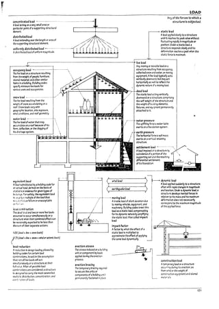 .-
;
f
!
i
I
r
1
.,
/.
I
LOAD
Any of the forces to which a
structureis subjected.
static load
Aload appl1ed slowly tc astructure
until It reaches Its peak V4lue without
fluctuating rapidly In magnitude or
position. Underastatic load. a
structure responds slowly and Its
deformation reaches apeak when the
static force Is maxlm.um.
r---------------------------40 live load
occupancy load - ..- ....- ....
The llYe load on Oil structure resulting
from the weight of people. furniture.
stored IT13terbland other similar
Items In a buI1dl~. 6ul1dlng codes
specify minimum live loads for
various uses anaoccupancies.
snowloaJ ........................... _..'
The live load resulting from the
we41ht of snow accumulatl"'J on a
roof. Snow loads vary with
geographic loc3tlof1. site exposure.
wlna cond1t1ons. ana roof geometry.
water load - .....-..........--.....
The Uve load of water thAt may
accumulate on aroof l10ecause of Its
form, def1ectloo. or the clogging of
Its draln31e system.
~uiYa!ent load
Aload substituted by abuilding coJe for
an actu3lloaJ, derived on the ;.Isis of
st3t1st!cJi evidence for given types of
h;il.:l;rys. For mety.the equivalent load
Is ~~.uty.J T.ultlp1e of the load that
""';" 'J ~'-c.j~ce failure or unacceptable
C~:;'<,:;~..J~.
Iald wm~!lUtlon
The ~Jd (]:;d .3natwo or more live loads
iSsumed to occur simultaneously on a
structure when their combined effect can
Pe reasonably expected to be less than
the sum of their 5ep3l'3te actions.
1.00 (dad + live + snow(oaJ5)
(.75 (dead +five +snow +wfndorsdsmfc 103d5)
load reduction
Areduction In design loading allowed by
I7ulldlng codes for certain load
combinations.l7ased on the assumption
that root all live loads will act
simultaneously on a structure at their
full v31~e. Afur all possible load
combinations are considered, a structure
Is designed to carry the most severe but
reans~'G distribution. concentration. and
con-b ~3tlon of toads
Arry moving or mcvable load on 3
structure result!ng from occup;lncy.
collected snow arid water. or moving
equipment. AIlve !aa.d typlGally ;lcts
vertcally downward. but may ut
horizontally as well to reflect the
c:!ynamlc nature of a moving load.
.-,,.,_ _ ..L. dt.ad load
The statlc load acUng vertlGally
downward on Oil str'.JCture. comprising
the self·w~ht of the structure ana
the we~ht of ~u:laing elements.
fOCtures. ana equipment permanently
attached to It.
waur pressure
The upllftlng fo~ awater tabl.e
exerts on afour.d3t1on system.
e.rth pressure
The horizontal folU asoli mass
exerts on ave~.al retaining
structure.
5ettkment Ic3d ~ ...... _.
Aload Imposed C1'I astructure by
sul7sldence ofa portion of the
supportl~ seiland the resulting
cliffe:rentI3l sett!ement
ofIts foundator1.
o
<;rind load »
1-~.~d~~~5uJJ.nftto••'_"e.
<
.~rthc{uake loAd often with rapid ch3nges In IIt3gnltuk
.,-___L-______ ana IocJtlon. Under adyNmlc 1oad. a
......- mcvingload
structur-e develops Ine~1 forces In
relatlon to Its mass and ttslT13xlm:Jm
defOrTT13t1on does not necessarily
erection stress
The stress Induced on a~ui!ding
unit orcomponent by loads
appl1ed during the erection
process.
erection I1racing
The temporary bracing required
to secure the units or
components of abuilding until
perm3nently fastened In pbce.
Akinetic load of short duration due
to If1C.ilng vehicles. equipment. ana
machinery. 6uild1ng codes trtat this
load as astatic load. compens.atlng
for tts dyn.mlc I13ture by amplifylng
tl-.e stat1c load. Also called Impact I
Io~.
impact factor J
Afactor by which the effect of a
5t4tlG load Is multlplled to
approximate tM effect ofapplying
tJ-o.e same load dynamically.
corre5rood to the maximum m31nltuae
of the applied force.
constructlon load
Atemporary load on astructure
occurring during Its erectlon.;;Is
from wind or the Weight of
constn.:ctlon equipment and stored
ma';e"als
151
 