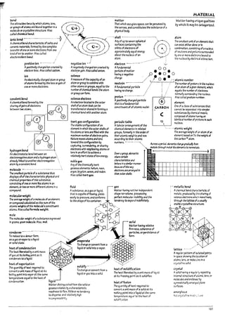 ..!'...~
~nd
The a~ force Py which atoms.lans.
ergroups ofa~s are bound together In a
molecule oraystall1ne structure. Also
called chemic.11 Pond.
ionic pOM ----.....--.............·······-i
Achemical rond characteristic ofsalts and
ceramic materbls. formed Py the complete
transfer ofone or more electronsfrom ooe
kind of Ian to another. Also called
electrovalent Pond.
p05itive ion
Aposltlvely charged Ian created by
electron loss. Also called crtIon.
negative ian ~_i
matter
That which oc<:upleS space. Can ~ perceIVed by
the senses. and constitutes the su!7s~nce of a
physical roay.
....... shell _.--.............. --....---....-.......
Any of up to seven SPherlcal@'
surfaces containing the Q
or'Plts of electrons of .... •
approximately equal energy .. /
al10ut the nucleus of an ".
atom. ~.... -""" :
electron --_.---.._..... --.i...-
Afundamental 0 0
MATERIAL
Matter havin~ unique quarcti~
I7y which it m3y ~e C3tegoriud.
rtom
The smallest unit of an element;hat
can exlst either alone orIn
com!?in3tlon. conslstlng ofa nucbls
of neutrons and pw.cns surrour.ded
by OM or more electrcnsbound to
the nucleus by electrical attraC"..lcxt.
ion
Anegatlvely charged Jon createa by
electl:ongain. Also called anion.
valence
partlc'.e of matter • •
havl~ anegative ..../0 •• 0 • 0
charge. /' ..r o. .~. atomic numper
An electrically charged atom orgroup
of;rt.oms formed Py the loss orgaIn of
one or more electrons.
A measure of the capacity ofan
atom orgroup to com~lne with
otheratoms orgroups, equal to the
num~er ofchemical bonds the atom
orgroup can form.
neutrOn _h_...__m
_ _ _• I The num~rofprotooslnthenocleus
Afunaamental partlcle ofan atom of agiven element. w!rich
having.r.ocharge. I equals the numPerof ~Iectrons
covaknt bond valence ekc'tron
i normally surrounding the nucleus.
proton .....----...---...: ~---'"-:,~--, Also caileJ proton numPer.
Apasttlvelycharged particle f6 element
A'chemlc3l rond formed by the
that Is afundamental ~
between two a~ . {f!f .~.
sh,rl''4
01
p''''oI_.s j 10 I
An electron located In the outer
shell ofan atom that can :Ie
transferred or shared In forming a
chemlcall10nd with another atom.
consUtuentof an atomic nucleI. (ARBON One of acl3ss ofsu~tdncesthzt
cannot Pe separated i:tto slmrer
su~t3nces Pychemlc31 means.
composed ofatoms h.tvlng an
identlcaf num!?erof protons II e3dI
nucle-JS.
Q(~!r H ®
~
.' ®
hydro¥" bond
·····BJ~
An ~r0st3UC bond retween an ...
electront9t!ve;rt.om and ;1 hydrogen atom'··..
amJy linked toanother electronegative .....
atom byaCOV3!ent bond.
molecule ----..--.......-----..----- ...-- ....:.
The smalbt partlGle ofasul>stance that
dlspbys aRor thech3r3Gter1st1c physlc3land
chemlc31 ~ of the su!?stance.
conslstlng ofone or more I1ke atoms In an
elanent. ortwoor more clifferent atoms In a
compound.
molecularweight
The average Weightof amolecule of an element
or compoundC<llcvbteJ as the sum ofthe
atomic we~ts ofthe molecuIe's constituent
41toms. Also.C31W formula w~ht.
mole
The molecubr weight ofasu!?stance expres~
In grams: gram 1I'IOIecufe. Also. mel.
inert g35 configuration
The sta~le configuration ofan
element in which the outer shells of
Its atoms orIonsarefilled with the
maximum num!?erofe!ec;tron pairs.
Nature maves;rt.oms ana Ions
toward thiS co~uratlon by
capturlng. surrenderlr.g. or sharing
e!ectrons with ne!ghUorlng atoms or
Ions In an effort to achieve a
relatively Inert state of low energy.
nol7legas
Any of the themlcally Inert
gaseous elements: hehum. neon.
argon. krypton. xenon. and radon.
Also called I~ g.Js.
periodic tap~
Atal;>ular arrangement of the
chemical elements In related
groups. formerly In theorderof
their atomic weights and now
according to their atomIc
numPers.•.•..._ ...
OO'frfl i group. eief11.(;t1ts
~cerbln
cluncterlstlc5 and
b<:h;veIn 3 s1mll3rm3nner
bea~ofthe way
eJ~ 3re3rnng~In
th~ ooters.l,elts.
~~~!7stance.as agas or IIq~Ud'~~rhaving neither Independent
that Is capal7le offlowing. yields sha~ norvolume. possessing
easily to pressure. and conforms perfect molecul3r mo!?1I1ty and the
to the sha~ ofIts container. tendency to expand Indeflnltely.
J?~/~
lc~ !-O)r~lk:I
CCndeJlse --...-..- ......... - ..- ....... "" '- ~.; partlcles.orptrslstence of
'-- ~ ..r-'..../~ firmness. coherence of
~
~"Y.'1 1./ M4~rhavlngrelatlve
!~:~:~;~ ......'.., eva'~rm/'/ /' ......~~.
orsolldstate. Tocbn~orconvertfroma r•...
: .. "1
~t of~ation liquid or solid Into avapor. I '. I
The heath~tedPya unit mass : I :
of gas at Its bolh~ point as It l . i
cooaenses to aIlquld. .' J ...,..,~......,.. ,/
heat ofvaporiutlon solidify ~........" .
The quantity of hat ~ulred to
convert aunit mass of liquid at Its To change or convert from a
bolJl~ point Into vapor at the same liquid or gas Into asolid.
temperature: equal to the heat of
condensatlofl. liquid
Matter dlstl~ulshed from the solki or
gaseous states by acharacteristic
readiness to flow. littleor no tendency
to disperse. and re13tlvely high
IncompreSSibility
heat of solidification
The hei1t liberated by aunit maSS of 11q~ld
at its freezing pollTt as It solidifies.
h~toffu5ron
The quantity of heat required to
convert aunit mass of a solid at Its
meltln~ point Into aIlquki at the same
temperature: equal to the heat of
solidrxatlon.
,
12
,
....... atomk:; weight
The ave~e weight of;in atom ofan
element lr.IseJ on V:z the welglrt of
the carWn·12 atom.
~- met.1nic bond
. AchemlCJl bond char:tcteristlc of
metals. produced by t."e sharfng cf
valenu electrons wh;Ch rnovefreeiy
throllilh the lattice of.a usually
j stab-le crystaHlnc: stn.'Cture.
g
':9. '9
r.'" ..
... + .. -+
e
Ltttiu
AreguIarpattern of !sc1ted poin:".s
In space showln~ the '.xatlon of
atomS. Ions. or molecu!.es In a
crjstal:lre solid.
cry,~1
Asolid having areguLJr'y repeatl~
Intern..I sCructure of a';.Oms. Ions. IX'
moiecub and enclOStd '7j
symmetr.cally arrange..! pi3ne
surface:;.
amorphous
Not cryS1:Jlline In stc.::Jre
161
 