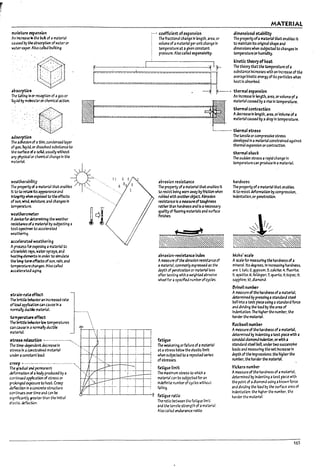 .~
mo~ture expansion
An Inc~se ill the IxIIk of a IT13terIaI
caused ~ the a!1sorptloo of water or
)¥;l~r V6por. Also C311eJ Uulklng.
aas-orptlon
The adhesion of 3 thin, condensed layer
of gas, hquld, ordissolved substance to
the surface r:iasolid, usually ~lthout
~rtj physical orchemical change In the
ITlJterial
wutherometer
Adevice for~Inl~ the weather
re5lstanceofa /113~rlJll1y sul7jectlng a
L~ s~rn.en to accemtea
~t~.
~leraW weathering
Aproc.ess for exposing amaterlJl to
uftmlolet r7yS, Vtdtel' sprays. alid
he;3tln~ elements In order to simulate
the 1ong-tm1effectsof sun. rain, and
temperature ch4nge5. Also C3l1ed
uulerateJ ~Ing.
etr.ain-rate effea
~ trlttle behavioran Increased rate
of load application can cause In a
nonrully d~ IT13terlal
tempent4reeffect
& ImttIe ~vIor low temperatures
can C3use In anormally ductile
ITt3terial
~ relaatlon ---.----- ----- -.-~,
;'-" coefficient ofexpansion
: The fractional change In length, area, or
volume of amaterial per unit change In
temperature at agiven constant
pressure. Also called expanslvtty.
~~------~--~--------------~-~Ir
[ _J I
MATERIAL
dimensional stainUty
The property ofamaterial that enables It
to IT13lntaln Its o~lnal shape and
dimensions when subjected to changes In
temperature Orhumidity.
kinetic theory ofheat
The theory that the temperature ofa
substance Increases with an Increase of the
average kinetiC energy ofIts particles when
heat Is absorbecI.
~- thermal expansion .
An Increase In ~gth. area, orvolume of a
I
: - 4~' material caused I1y arise In temperat.Ure.
~ thermal contraction
~ AdecreaseIn length. area, or~meOfa
~ =====-================ material caused I1y adrop In temperature.
. '
i___.____. thermal5tress
abrasion resistance
The property ofamattNl that enables It
to resist ~ng worn away I1yfrlctlon when
rul7l1ed wft.h anotherobject. Amslon
resl5tanee Is a mea5U~ oftoughness
rather than hardness and Is anecessary
qualJty of flooring materials and surface
ftnlshes.
.jIbrasion-~isbnu inkx
Ame3sure of the abrasion reslst3nce of
a1TlJterl31. commanly expressed as tM
depth of ~etratlon or material loss
after testir.g with awe'9h~ abrasive
wheel for aspeclfted number ofcycles.
The tensile orCOOlpresslve stress
aeveloped In amaterial constrained against
thermal expansion orcontraction.
thermal shock
The sudden stress arapid change In
temperature can produceIn amaterial
h.ardnes~
The property ofamaterial that enaUles
It to resist def0rtn3tlon ~ compression,
Indentation.or penetration.
Moh5'~le
Ascale for measuring the hardness ofa
mineraI. Its degrees, In Increasing hardness,
(lre: I, talc; 2.l:IYPsum; 3, calcite; 4, flUOrite;
5, apatite; 6, feldspar. 7, quartz; a.top3Z: 9,
sapphire; la, diamond.
5rinefl numl1er
Ameasure of the hardness ofa rruterl3l
determined ~ pressl"9 astandard stu!
Inllinta atest plea using astandard force
and dlvldlng the load by the area of
Indentation.The higher the numb-er. the
harder the material.
Rockwell number
The tlme-~nt decreaseIn -.'-. ~-+-7'1i--+--+--!-+--l--!---1
btigu~
The l'/e3i:ening orfallure ofaIT13ter13l
at astress l7efow the elastic limit
when sul7jected to arepeated series
ofstre~5.
Ameasure of the hardness of amaterial.
determined ~ Indenting atest piece with a
conoidal diamond Indenter, or with a
standard steellr.lll. undertwo sucusslve
loads and measuring the net Increase In
depth of the Impressions: the higherthe
numb-er, the harder the material.
stress In 3 COI'Istralned material
under .. const3nt load.
creep •.----.--------.--.-.-.....--.--.,.
The !r.ldual and permanent ". h-+!---...-!c:.....+
.tkformatlon ofaPody produced by a
continued appllcatlofl of stress or
prolonged exposure to heat. Cretp
deflection In aconcrete structure
continues !:NeT time and can b-e
s~ntflcant~ ¥e3ter than the Initial
elastic def'utlon.
i
--;
btigu~Jjmit
The IT13xlmum stress to which a
IT13terial can be subJectecl for an
Indeflnlte number ofcycles wtthaut
failing.
fatigue r.atio
the-ratio b-etween the fatigue limit
and the tensile strength of amaterial.
Also called endurance ratJo.
Vickers number
Ameasure ofthe hardness of amaterial.
aetermlned ~ Indenting atest piece with
the point of adiamond using aknown force
and dividing the load ~ the surface area of
Indentation: the higher the numl7er, the
harder the material.
165
 
