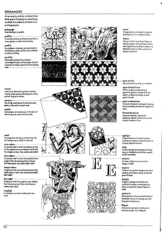 ORNAMENT
gl'2ffiti
~ or anwlngs spray'palnted or
011 • f'JP/Ic sumce. 35 aslaewa11:
CK lII'4§ ofaWilding.
~~
~ produced ~ cutting or
~ through 3 sum", layerofpaint
or ~ to I'M'4la ~rouna ofcontrasUng
ccIcr. ------------_.-.-.-••••.•._..
tt'IOSJic
A~ure CK ~tlve p.ttern made l1y
Inby1ng SI1aI. ~11y colored pltGes of tile.
~rrd. crgUssln mortar.
~sen -'--'-................_........
Ord cI~ SoTIiI ~ ofcolored In3rVle.
~ (X~ use.d In ~Ic wort.
~
Cciored #ass cr enamel. esp.ln theform of
Inlnt.rte squ.res. used In mesaIe won:..
rd"tef
~ ~ of. ~ure orform from the
Ibt ~rJ on which ~ Is formeO.
ClVo-rdievo ...........................·......-..·...·..I .. '··--:~
Sculp'tn ~ In which the highest points i
of ~ n::deied fOl"lTlS are PeIowor livel wtth
~ ~ SlJrf'3a. AlsocafIeJ sunk relief.
a~ ......_- ....................._ .....................- ..-,
Sculpta-al re:Ilef In which the modeled forms L.
project froIn the ~round byat least
h3lf;hefr~ Also caRed high relief.
~
~~~Petweenhlgh
r:WaM ~. Also calleJdemfrellef.
Ulfrdief.
~ ..-.................~........................,
ScIl~1 reI1d tit.7t projects very slightly .
from ~ oo~. Also C311ed basso·
rd£evo.1cw r&d.
~Iypft
An ~lI"C1t C3r1l:J oremrossed In low
~d.
182
munl
Alarge picture p;;ln~d on or .pplled
dlrectly to aWJfI orcemn~ surface.
fresco
The.rt or technique of palnUn~ on a
freshly spre3d, moist plaster sUrUce
wtth ~ments ~round up In water or a
hmew.ter mIxture. Also. apicture 01'
design so painted.
_... opus seetile
Any mosaic of r~ utarly cut mateml
opus Alexanarlnum
Aform ofopus seetHe having a
geornetn:; pattern formed with few
colors. as plac~ and white. ord3ri::
green ana red.
op~ vennlcut.um
Amosaic oftes~ arranged In W4Vfng
nnesreseml1/Jng ~ form or tracls of a
worm.
FIo~ne mo,aic
Amosaic madel:>-t Inlayln~ fine.
dellcately colored 5toneslnto a white
or ~acl: marVle s!Jrf3ce.
..:................... applkt~
Adecomlon orormment ma~ by
cuttIng outa design ana fastening It t.o
alar~er pleceof rn.T'..erl31.
Inlay
Todecorm I7y ~ pieces of wood.
ivory. or the 11:"Irrto" surface. USU4r1y
at the s.a~ level.
TI
:;r......._
....................~:!~;~mekl.orC3r1e.sUrfau
1 design In relief.
. !J ] -:l.i--.... engrave
Tocarve; cut. aretch designs on ahard
I J 5urfau. as of rnet.i!. stone. or the end
~ grain of 1YOOd.
Intaglio
Aflgure ordesign Ir.::lsed Into the
surfar.e of astone or metal plate so
thatan Impression yields afigure In
relief.
openwork
Omamental orstroctural Work having a
tattlcelJU nature or showing openln~s
through Its substance.
'tr.:/---..·· fjllgru
~S. Omament31 openwori:: of dellca~ or
~~ Intricate ~slgn. ~Iso. fflagree.
L
L
[1
J
1
J
I
l
l
f
L
f
i
L
 