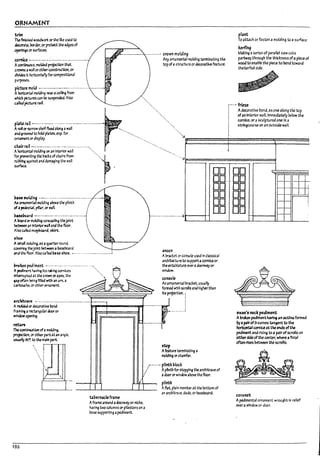 C;>RNAMENT
trim
The flnished woodwcrl orthe lit used to
~ rordtr, orprotta the edgesof
openln4s orsumces.
cornice -----.-.-:~ ......-....-.-..-....-
A~s, molded ~n that
crowns awanorotherconstructlon. or
divides ~ norlzontafly for compositional
purposes.
p~ meld •.........- ..-.-.................
A ~I molding ~ acel~ from
wtrlch ~rtS can be su~nc:bi Also
c*d picture rail.
pLrteI'3U _ ...•.-._...........•...--...- ...........
AraM or ~rrow shelfftxed 3long a 1'1'311
and ~~ to hold platts. esp. for
01"1UIMTt ordisplAy.
chlirrail--.--...........- .._.................,
AhoriwTt3l molding on.1n Interior 1'1'311 .••.
'fo'l"""'"~tMWS of,ha'"from '"" 
",
...........• crown molding
Any Om.-lmental moldl"4 terminating the
top of a structure or kcoratlve feature.
".
DO
pl~nt
To attach or fasten a molding to a surface.
kerfing
Making aseries of parallel saw cuts
partway through the thickness ofa pieceof
wood to enaVle the piece to bend toward
the kerfea side.
::::,
;;!f--'- ~ratlveI7and, as one along the top
ofan Interior waII, Immediately !1e1ow the
cornice, or asculpturea one In a
st.rln~course on an outside wall
i
:
i
DO
=",,'mand "~'"gth, "''' ' r
DO. .00
r-- r---
ffi
I--I---
~~ JnCtdi~ ,-................._........- ....
An ~~III'IOId1"4 3rove the pUnth
ofJ~t plfbr.CX'W31l
~rd _ ..-_.._......._-.._..._...
AroarJor mcIdI"4 conct;1hng thejol~
~ an Interlor1r.I".1ndthe ftoor.
Also ~~ mopVo.ard. 5kJrt.
~hoe
A ~a ~1~ as aqlQrtu round.
covering thejoint between abaseroard
~d the ftoor..AJso ca'b:f N se sho~ •...... .......-'.....•.....;
broken ptdiment •..."-"" ...................
ApecfllrC'!t ~v1ng its rat:1~ cornices
it!temJpW at the crown orapex. the
~F often Peing filled wtth an ~m. a
~M. or other ornament.
~rchit.l7ve •............,----....---..--........
A~ crdecoratlve band
framlri a rect4"4u13r dooror
window openlr14.
retw'I
The~ of.1 rnoI.::i1"4.
projeGt:lon. or other pa~ atan a~ Ie.
~ily ~ to ~ ,",in part.
·--·----1
DO
DO
00
DO
......_........_......-}
ancon
A~L"t or console used In claSSical
archlt«t.u ~ to supportacomIceor
theentaNtu~ (Net' adootway or
window.
:ltop
Afeatu~ tennln3~ a
molding cr charnfet'.
,~-....• plinth ~Iock
/ Apftnth for stopping the architrave of
: adoor or window arove the floor.
186
b ~erlUcle fr~me
Aframe 3round adoorway or niche.
havl~ two columns orpilasters on a
base supporting apediment.
plinth
Aflat, plain mtmper at the rottom of
an archltr:ave. dado. or Da~ard.
DO ~ I---
DO ~ i--
DO f-- ,--
DO "-- -
- -
SWJn·5 ~Ic petIlment
AInUen pedimenthaving an 0U'tl1118 fonnea
I1ya"..!rof S-Curves ta~ to the
horizontal corniceat tM eMs ofthe
pediment anarising to apair ofscrolls on
eithersIk ofthe center, where afinial
often rises between the scrolls.
coronet
A pedimental ornament wrought In relief
over aWindow or door.
I;
l
l
l
l·
L
L
i
j
!
I
j
 