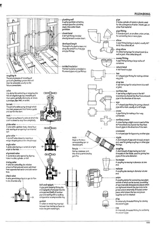 roughing-In
Tht: ~ or process of Installing all
parts of aplumulng system that 1'1111
l3-'~r Pe conce31ed. usually to the
foct<Jre connecUons.
v;dve
Any devlce forcantroliing or stopping the
few of aliquid or93s by amovaDle part
tn..t Cpt:r1s. p3rtlallyobstructs. or shuts
3 paSS3¥. pipe. Inlet. or ootlet.
........ t···· plumUing wall
! AwallorpaMlon containing
! vertlc31 space for aplumulng
: st3ck. Also calleJ stuk
f partition.
J.~...closet bend
r A90°501/ fltting Instai1t:J
i di,ectly Deneatn ;; .....~..er close:.
developed length
The length ofaplpe!1r~ measc~
along the centeriir.~ cf the pI~
and pIpe flttlngs.
..• molded insuLrtlcn
Thmnallnsulatlon premokled to
fit aroond pipes arJ pipe fIttl~-:s.
PLUMBING
pipe
Ahollow cylinder ofmetal or plastic used
for the ~nveyance of water, steam, gas.or
otl1erfluld IT13terial.
t1 pipe fitting
Astandard part. as an el&ow, unlan, or tee,
for cannt:ctlng two or more pipes.
Pena, Alsocallt:J ell. el.
(""1 ./' drop elbow ,
~.
I An elrow hav!ng lugs for attachment t<> a
wall orjolst. Also called drop en. .
.--.----.-- 'weep fittill9
~
. A pipe fitting haVing alarge radius of
(
curvature.
. _ ...._. return pend
V
AWO·vendlna pipe.
j .--_..--- ~Shapt:Jplpeflttlng for making athree-
wayJolnt.
draptee -
Atee having lugs for attachment to awall
orJoist.
........--... sanitary tee
A tee having as~ht curve In the 90°
pipe In the direction of the main.
~nnet ~....- ........-..-.. --.-..- ...--.- ........-
~
t;ansltlon tochannel theflow from avranch
---- :0~shapt:Jpipe flttlng forjoining aln-anch
pipe wtth jI main, usuallyat a45°angfe.
fht part ofavalve casing through which
th~ stt:m passes and that forms aguide
3M se;;ll fortM stem.
~ •....- ...-........-.................-~
Th~ part orsurface of avalve on which the
s:.cm Is closea to stop flow completely.
glo~ VlIlve _._.--.--......--.--.--................. -....1
Avalve with agfa!rolar PDdy. closed Py a
at$ ~tlng on an o~nlng In an Intema:
......n.
¥U valve ~ ......-.......-..........-.......
Ashutoff valve closed Dy Iowerini,J a
'r"Age-shaped gate across the passage.
~n.gk v.alve
Aglo~ valvt: having an ooUet at aright ~
ar.gletothelnfet.•- ... _._...-............ ...• • •
al~nment valve
AK<lsherless v;llve opened by aligninCj
hde-s In adisk. cyllnkr. or Pall.
mixing valve
A.,..lvt: forcontrolnng the relatlve
a:T1O'Jntof hot and cold 'rV;l ter admitted
from separate hot-waterand coId'water
Rr.es.
check valve
A.,..lve permitting aliquid or gas to flow
In OI1e direction only. -:
o·~·--··-·--·····-~;]:::9fo<""kl'9'/0"'"",
-..- sanitary cross
ACI'O$S h~ving aslight curve In ea<;h ofthe
OO·transltlons to channel the flow from
mr.ch plpts In the direction of the IT13ln.
~
1? ~~::~pipe for bypassing anotherpipe.
m~le' ...' - -- ... . . .. .• nippk
M~ to fit Into • ~ Ashort length ofpipe with thrt:ads on t3ch
~~r.g op:1 :r ' 0, t:nd. used forjoining ccupllngs or other pipe
~ part. " ... fittings.
.0,0
fenute ... -..----.-,,'. ccupling
Hmog , ~ ?rt Ashol1length ofpipe having each end
Into whW;h jI ~~ng threaded on the Inside, used forjoInIng two
part fr..s.. pl~ ofthe same diameter.
[ [
' ~-.- incre.aser
-1
I
I
.
. Accupllng Increasing In diameterlit one
I end.
--- reduur
Acoupllng decreasing In diameterlit.one
end.
'-"'-"-'-'" union
pelf-and-'plgot ---..._. -.~
Apipejoint IT130e byfitting the  lL----I-..-,
end (splgat) ofone pipe Into the
Acoupllng device for connt:ctlng two pipes
neitherof which can retu~, consisting'
of two Internallythreaded t:r1d pieces whleh
are tlghtent:J around the pipe ends to I:>e
joined, and an externally threaded center
i~t. ~~~~~~~::!":'odPI_
enlarged t:r1d (l1ell) of another
pipe and sealing with acaull:lng
compound or acompressluie ring.
gasket
ArUDDer or metal ring Insertt:J
petween two mating surfaces to
make theJOint watertight.
--- t-·
~ A. """.ally,h,..Je<I flttl'g fO"~5I'g
~.., ...._ .. :::endofaPlpt.
An Intemally threaded flttlng for enclosing
the end of apipe.
199
 
