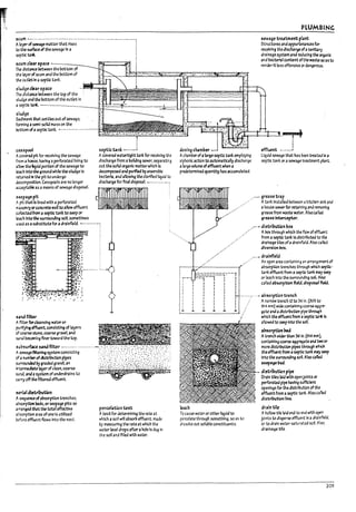 , l
~um ~-------------- ------------ -------- -- --- ------ -------- ---------,
Al3)'C1' of ~~ matter that rises ;
to the surbce of the sewage In a !
sep-tlC tallL ;,t
~m cle2r space - - -___
PLUMBING
sewage tr~tment pt3nt
Structures .ndappurtenances for
receiving the dIscharge ofasanttary
drainage system and reducing the org4nlc
and !1acterlalcontent ofthe waste so as to
rencler It less offensive ordangerotJS.
The dlstance retwten the vattorn of !
the l3yerof scum and the I1ottom of ~~f::::~;--..t~$2ZZz~~~~~X;~==::zgS1;g~~~~
tt~ outletIn aseptic tank,
sluage eftar space
The distance retween the top of the
s.l!:dge anJ tM I1ottom of the outlet in
3~tlc~~ -------__~.~~--~r_---------_±~-,H~r----------------~;j
stuage
Sed1ment th3t settles"out ofsewage,
font1l~ asemi-solid mass on the
t>ottom oh septlc tank. ..-------------------
C~5poot
Acovered pitfor receiving the sewage
from ahouse. having aperforated lining to
af1cw the liquid portion of the sewage to
!exh Into the ~round while the sludge Is
rrt1lneJ In the pit to undergo
decomposltlon_ Cesspools are no longer
;;.c.c.eptal1!e as ameans of sewage d1sposal
sup~epit
Apte that Is lined with aperforated
~~s-onryQ"concreteW311 to aHow effluent
cc&cteafrom aseptIC tank to seep or
Ie3ch Intothe surrounal"9 soil sometimes
septic tank -----j
Acovered watertight tank for recelvlng the
discharge from aInllkllng sewer. separatir.~
out the solid organic matterwhich Is
ducmposeJ anapurified I1yall3erovlc
l1a~rIa. ana allowing theclarlfled liquid to
discharge for final disposal ----------.--
u~ as asubstitutefor adralnfleld_ --------:
~n4 fitter
Afllterforcleanslng w.teror
purlfyf~ effluent. con51stlng of l41yers
of coarse stone. coarse gr:wel. and
$4 rod vecomlr~ finer toward the top,
r
I
sub-5urf.ace sana filter .-------------- ------ --. '-:_' - .; .-; :'-' -, " . 1"-' .•. " .
~~~~~: ~t~liI,
~Id~n
Asequtnee ofaPsorptlon trenches.
aD-sor-ptloo beds. or seepage plt6 so
amngt.d ~t the totaleffectlve
a~tlon area of one Is utilized
Defore effluent flows Into the next.
perco~tion u~t
Atest for determining the rate.t
whlch;l so~ wlllavsorv effluent. made
by IT1e3surl~ the rate at which the
water level drops afterahole Is dug In
the soli and filled with water.
i
j: .....s=r.~__
~-+--->--'.,..
i
dosing cham17er -1 effluent ,____J
Achamver ofaI3rgeseptIc tank employing
slphonlc action to automatically discharge
aIarge volume ofeffluent when a
predetermIned quantity h3s accumulated_
liqUId sewage that has ~een tre3W In a
septic tank or a sewage treatment plant.
-------1-
-{~-i- I
: I I : l
: : I : : !
.-.--- grease trap
. Atank Installed between akitchen sln~ and
ahouse 5etIer for retaining and rerr.cvlng
grease from waste water. Also cail.ed
grea5el~,
,--'" distri1ution box
, AVox through which th<: flow ofdf..rent
from asept.lC tank Isdlstrlvutea to the
dralll3ge tiles ofadra!rrfleld. Also o lid
diversion l:>ox.
_-.... dr.ainfield
An open area containing an arrang~of
al1sorptlon trenches throogh which seytlc.
tank effluent from a septlctank rttry seep
or leach Into the surroundlng soG.l.J:so
called al1sorption field. dlsp~r fi.dd.
I I I I I I
I : I l: ----;---~ avsorp-tiontrench
: I I I I . Anarrow trench 12to 36 In. (.305 to
I : : : : . ,._/ 914 mm) wide containing coarse ag:;re-
L.~
___
--L--___
..L--
__.....
___
.J,.
____4 g3te and;l dIstrll1utlon pipe through
i which the effluent from aseptic ~ri: Is
To cause water or other lI!uld to
percalate through something. so as to
dissolve out solul:7le constituents.
allowed to seep Into the sofl
3~rptlon~
Atrench wider than :30 In. (914 mm~
containing coarse ~gregate and two or
more dlstrlVutIon pIpes through ,,'hlch
tM effluent from aseptIC tank Ny seep
Into the surrounding solt Also callt-d
&Upage~eci
di~trl~utlcn pi~
Drain tileslakJ with openjolnt5 or
perforate<! pipe having sufflc~nt
openings for the dl5trlvutlon of the
effluentfrom aseptic tank. Also caf1aI
dlstrfWtlon line,
drain ti~
~. hollow tile bid end to end with o~
joints to disperse effluent In adra1rrfle1J.
or to drain water-saturated soil Also.
drainage till.
201
 