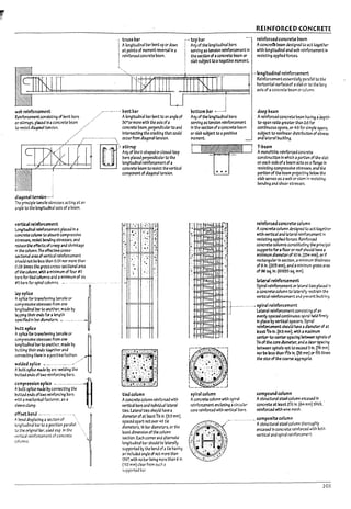 f
i
i
1 ;:~
we!? reinforcement
Reinfvrcernent conststl/11 of Pent Pars
or stlrrups, placed In aconcrete peam
to resIst dIa9Oft31 tenslen.
-'
tru5511ar
Alongitudinal Par Pent up ordown
at points of moment reversal In a
reinforced concrete peam.
..-·····-·····l1entbar
.' Alongitudinal ParPent to an angle of
5O"or more with the axis ofa
concrete ~eam, perpendicular to ana
Intersecting the Cl"3cklng tlut could
:,.------------------ occur from diagonal tenslen.
r--------,.L--~'--__. -, or!:~~,U-'h'peJ,,,",,"-klop
: :: pars placed perpendicular to the
, • ' longitudinal reinforcement of a
concrete peam to resist the vertlcal
component ofdiagonal ten51on.
diJgorul un5ion --;
The principle tensile stresSt:s acting at an
ar.qle to the longitudinal axls of abeam.
vertlcJll reinforcement
~itudln31 relnforument placed In a
W1Crete column to aDsorp compressive
stresses.resist bendl/11 stresses, and
~uu the effects ofcreep and shrinKage
fn the column. The effectlve cross-
sectlonal ar~ of vertical relnforcement
shO'JIJ not l>e less th3n 0.D1 nor more than
0.06 tlmtS the gross cross-sectional area
of the column,with 3 minimum of four #5
~rs for tied coIumr.s and aminimum of six
15 ~rs for spiral columns. .-.. . ........ ---.. .
~p5pliu
Aspl1ce for transferring tensile or
compresslve stresses from one
Ior-jlUJdlnal u.r to another. made !1y
bpplng their ends for a length
~if1eJln !r.lrc::l13meters_ ~ .....- ..
b1.Itt5ptice
~~r;::;::=t:~~or ~
~ltud1nal u.rto another. made!1y
~ttlng their ends together and
C011nectlng ~hem In apositive faShle~..._.-...
wdaed 'pllu _._..- - ----..../
Al>utt splice INQe by arc-weiJlng the
l>utted enas of ~wo reinforcing bars.
~O~[;~~~t~c~~~~~i~'~'~h~'----~
l>utted ends oftwo reinforcing pars
'11th 3meclunlcJl fastener. 3S 3
sbeclJmp. _
off~ l1end 0---·--"
At>c~d displacing asection of
longitudinal bar to 3posltlen parallel
to the orlglnaIPar. used esp. In the
,,~rtIc31 reinforcement of concrete
co1umns.
-.
p ~.
'. .~ '~.:;': ...~-
;. .~~"'-~ 4:'i~ .'
.... t.
~4 ..
.". · "
~
:
·'. ."
;..
;'4' ., "0
· .~
:. ..
4 ~ '.
.- I
I
tied column
Aconcrete column reinforced with
vertical Pars and InalviJuallateral
tieS. lateral ties shou!c::lluve a
diameterof at least % tn. (9.5 mm).
spaced apart not over 43 tie
diameters. 16 bar diameters. or the
least dimension of the column
sectlen. Each comerand ~tternate
lonflltudlnal bar should be laterally
supported !1y the bend ofatie having
an Included angle of not more than
135", with no bar being more than 6 In.
(152 mm) clear from such a
supported b3r.
top bar
A~ of the longitudinal Pars
serving as tenslon reinforcement In
the section of aconcrete !leamor
slapsubject to anegative moment.
l?ottom l1ar ~....~
A~ of the longitudinal !r.lrs
serving as tenslon reinforcement
In the sectlon ofaconcrete beam
or slab subject to apositive
moment.
REINFORCED CONCRETE
relnforcedconcreu ueJm
Aconcrert beam designed to act togetner
with Iongltudlr.al and wep reinforcement In
resisting applied forces.
,·Iongitudinal reinforument
ReInforcement essentially paraHel to the
horizontal surface-of aslaD or to the tong
axis of aconcrete beam orcolumn.
deepl7eam
Areinforced concrete pe3m havl/11 adepth.
to-span ratio greater than 2:5 for .
conttnuous spans, or4:5 for simple spans.
subject to nonhnear distribution of stress
and lateral buckling.
T-l7eam
Amonolithic relnforced concrete
construction In which aportloo of the sl3b
on each skie ofabeam acts as aflange In
reslsttng compressive stresses. and the
portion of the peam projecttng below the
slab serves as aweb or stem In reslstl/11
bending and shear stresses.
reinforced concrete column
Aconcretecolumn designed to act ~ether
with vertical ana lateral reinforcement In
reSisting applied forces. Relm"orua
concrete columns constltutlng the principal
sopportsfor afloor or roof shotild have a
minimum diameterofiO In. (254 mm). or If
rectangularIn section. 3 minimum thickness
of& In, (203 mm), and aminimum gross area
of 96 sq.ln. (61935 sq. mm). -
laural reinforcement
Spiral relnforcemtnt orlateral ties placed In
a concretecolumn to laterally ;estraln the
vertical reinforcement ana pre-.ent !?ucl:linl
LL..l..I.:=~::::rr"'"""T·l
.LJ.-~==:=r:::rr'-- d.;---...... -.. -.• 5pir.11 reinforcement
I L-:!:!:::::::::~==rr"'" _, lateral relnforcemtnt COi1slstl/11 ofan
~ evenly spaced COlltlnuO'Js spiral held flrmly
In piau by vertlcJI spacers. 5ptral
reinforcement shouiJ hJve ad14meter of at
least % In. (9.5 mm), with amJXlmum
center-to-centerspacing ~ spirals of
'16ofthe core diameter, and aclearspacing
retween spirals not to exce.ea 31n. (76 mm)
norl1e less than 1% In: (35 mm) or 11/2 t1rr1eS
the size ofthe coarse aggreg3te.
compound column
Astructural steel column erlC3sea In
concrete at least zVz In. (64 mm) thick.
reinforced with wire mesh.
__..........__ .. compo5fU column
Astructural steel column thorcuqhly
encasea In concrete reinforcedilith Doth
vertical ancl spiral reinforcement.
203
 