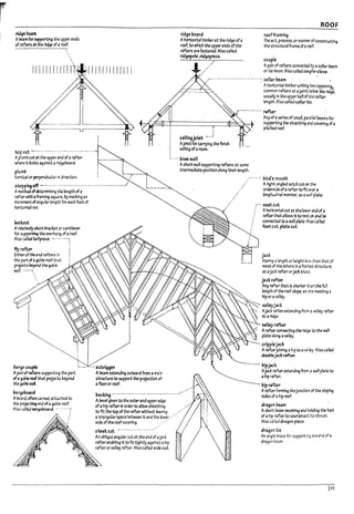 ~ue.Jm
APam for supporting the upper ends
of ~ at tilt riJ¥ ofa roof.
;
I
I
! [II! II iiIll! i
l_._..___~"
tap cut ------------- ..---.. ------.--------
Aplumpcut at the upper end of a rafter
where it !luttsagainst arldgeboard.
plumu
Vertlc.olor~f<;ularin direction.
stepping off ------- .--------.-------------- ----------------.----:/
A~ ofdetermining the length ofa
raf'"...er with aframing square.17y marXlng an
Increment ofangular length for each foot of
hortzontal rurt
Ioo~ut
ArelJtlvelyshort mcket orcantllever
for SJ.Jp~ the ovemang ofaroof.
Also "lied bffp!ue. ·-------1
fly~r
EIUIerof the en.:! rafters In
~ plrt ofag3 PIe roof tilat
~s~theg3ble
"",,11. -----.
Varge ~upk: L._____.... outrigger
Apalrof I'3fUrs supporting the part A!leam extendlng outward from amain
ofagal7le roof that projects !1eyond structure to support the projection of
the ~I7I.e W3l a floor or roof.
ROOF
riagel10ara
Ahorizontal timberat the ridge ofa
roof. to which the upper ends of the
rafters are fastened. Also called
ridgepole. ridgeprece.
roof framing
The act. prcx;es5. or manner of COnstructing
the structural frame of aroof.
couple
Apair ofrafters connected!;y acall3r ~m
or tie beam. Also calleJ couple-cic~.
/'--'- --------..-----.------....---.-: collar ~m
cellingjcist - ....!
AJoistfor carrying the finish
ceiling of a room.
knee wall
Ahorizontal tlm!1er unitlng t,.,.o Opposl%
common rafters at apoint t-.elow ;he ~.
usually mthe upper h3ffof the rafter
length. Also called collar tie.
r------·-··--· rafter
Any ofa~rles of SItl3I1. par311e1 beams for
supporting the sheathing a,..J covering ofa
pitched roof.
Ashort wall supporting ~rs at some
Intermediate posltlon along their length.
..-------- bird's mouth
./ Aright-angled notch cuton ~
...- underslkof arafter to fit Ofera
/ ..,. Iongltudirt31 memw. as awall pl3te.
seat cut
Ahorizontal cut at the lower end of a
rafter th3t allows it to rest 00 and !Ie
connecteJ to awall plate. Also called
foot cllt. pIaU cllt.
jack
Having 3 length or height less than that ~
most of the others In afrarr.e.d strurnre.
asaJad: raft;eror~ troS5.
J3ck r3ft".er
length of the roof slope. as lXle meetlng a
~
Any rafter th3t Is shorter t.1an the fun
~~ hlp or II va!ley.
 ~'=-- valleyjad
AJack rafter extenJlng from avalley rafter
to a ridge.
V4111ey I7fttr
-- Araft.e:r connecting the rld¥ to the W4R
plate atong avalley.
cripplejack
Arafterjolnlng ahlp to ava r~. Also C311ed
aouPkj..tck rafter.
~
hiPjaCk
AJack: rafterextendlngfrom; W411 plate to
ahlp rafter.
hiprafUr .
Arafter forming theJunctlotl of the sloping
sides of ahlp roof.
~ar¢'o~rd l1acKlng .-------------...-..---..--..------......-./
A!1<nrd. often carved. attached to A ~el given to the outerand upper edge
the pro¥:c~ end of aga!ne roof. of ahlp rafter In order to allow sheathing
Also called veTgePoard_ ---.------: to fit the top of the rafter without leaving
atrbngular space !1etween It and the Iow~r.-
sk:k of the roof covering. ..'
cheekcut ...----....-..--- ..---..
An oblique angular cut at the end of ajack
 rafter ena!1l1ng It to fit tightly against ahlp
, ~'''''''Iley "I"" Alsocall<d sid< cut.
aragon beam
Ashort Pe3m receMng aM h&1ng the foot
of ahlp rafter to counteract tts thrust.
Also called dragon rue.
dragon tie
An angle brace for supporting one end of a
dragon ~::am.
211
 