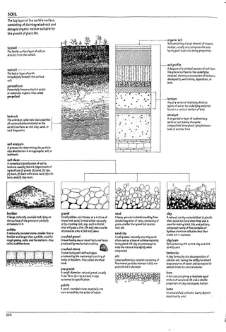 SOil
The top layer of the earth's surface,
consisting ofdisinttgrated rock and
decayed organic mattersui'ta!1le for
the growth of plant life.
~p~1I -.-.......--.----...--.......-...--..-.
The fertile surface layer of soil as
d1stlnct from the suPsolI.
,ub~oil ~--...- ..--....-------.----...- ...--.
The ~ or la)-er ofearth
immediately l1eneath the surf.lce
sart. •
permafrost
f'erennlally froun subsoil In arctic
or SUDarctlc regions. Alsa called
~rgelr~1.
soil analysi5
Aprocess for determIning the particle-
size dlstrfl1utlon In an aggrega~. 5011, or
sedIment.
r~----··---···---···- organic scil
r-::::::::::::::::::::::::::::::::::::::::::~'::;:;:~:::::! Soli containing alarge amount of organic
)..- matter. usually very compressll7le and
having poor load-sustaining propertIes.
~jl profile
Ad!3gram of a- vertwl section of soil from
the ground surface to the underlyfng
material snowlng 3 succession ofhorizons
developed I1y weathering. deposition. or
roth.
laye~ of soli or Its underlying materiJ/
J
-----~~~;series of relatively dIstinct
m'7"""r:-rr77""f7-rr.r-:777?'7""Tn7i found In avertical section of 13nd.
.' ·d.. o·~:
.. " . ~ .
.,
o "." ".0
·0 ",. ~
".. - .
. d,' D
,unum
Asingle red or layerof sedimentary
earth or rock having the same
composition throughout. lyIng l1etween
l1eds of another kInd.
~1cb~----------------------------------------------~
Anumerlc.1I cl3sslflcatlcn of soli Dy
texture. used bythe U..s.i?ep2rtment of
Agriculture: (l) gravel (2) sana. (3) clay,
(4) loam. (5) loam with some sana. (6) sUt-
loam, and (7) clay-loam.
boulder
Alarge. natur:ally rounkd roct.ly!ng on
tM surface ofthe ground or partially
em!:ledded Iii It.
col:rPfe
Anaturally rounded stone. smaller than a
!:ootrlderand brger than apeb~. usedfor
rough paving. walls. and foundrtlons. Also
called col:rf,festoM.
224
grave!
Sman peDVles arJ stones. ora mixture of
these witIt sand, fol1!'oed either nzturally
or I1y crushing rock. esp. such m~1
that will pass ~.3-In. (76 mm) *'~ ana be
retained on aNo. <4 (4-" 111m) sleve.
cru,hed gravel
Gr:avel luivlng one or more fractured faces
produced by mecnanbl crushing. 6
crul5hed ,tone ~
Stone having well-defined edges
produced Dythe rruhanlcaf crushIng of
rocks or Doulders. Nso called Cf1.IsM.d
rock.
pea gravel
Asmall-d1ameter, natural gravel. usually
If4 to 3fe In. (6.4 to 95 mm) In slzt.
screened to speciftcatbn.
pepple
Asma". rounded stane, especl311y one
worn smooth I1y the acUon of W3~.
'-1r.a
Aloose, gr:anul3r mate:r!31 resulting from
tJ1e d1s1~l7tbn of rxks. conslstlng of
graIns smaller tJ1~n grnel Putcoarser
tJ1an $lit.
S.1MCt.y
Awdl·g~ naturallycuurrlng sand
often used as a 7ase orsul1Dase ma~riJl,
having arout 101 clay orJust enough to
make the mixture ~lnJ tightly when
compacted.
silt
loose sed1mentary material consisting of
flne minerai particles l1e"tween 0.002 mm
~nd 0.05 mm In diameter.
cby
Anatural. e3rthy matertJl that Is plastic
when IMOIst M hara when flred and Is
used for Mlng I1r~t tilt:. ana potte.')'.
composed I113lnly of floe particles of
hydrous aluminum sl/k;a~ less than
0.D02 mm 1n diameter.
cL1yloam
Solicootalnlng m to 40t clay and 2O'.t
to~tsand.
I1entonite
Aclay formed I1y the decomposition of
volcanic ash. having the a!111lty to al;>sorl1
I3rgeamounts ofwaterand to expand to
several tl~ Its natural volume.
loam
Arich soil contaIning" rdatlve/y equal
mIxture of sa rJ and silt ~nd asm,lIler
proportion of clay ilnd organic ma~r.
loess
An unstratlfle.d. cohesive. loamy deposit
deposIted I1y wind.
l-
I
I
....
I
l..:ool
 