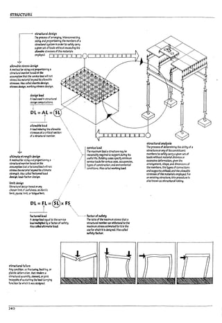 STRUCTURE
structural des~n
T'he preuss ofali3ngl~ InterconntC~ng.
slzln4. and proporUonlrl4 the members of a
~I system In ordertc safely C3rT'j
agiven set ofIoac.ls without exceed1rl4 the
a~ stresses of the materbIs
emp~. DDDDDDO
.a1Icw..I7~ stress k~~n
AmOOd fi:lr sizing arJ proportJonlng a
structllral r<:mper ~ on the
2SSUmpU::Ja that the savice load will not
skts5 *.e I'I3teriaI ~ Its allowable
st.resse:s. AI:sc ailed ~t«; dtslgn.
~ design. woroni 5~S de~lgn.
~nkW
Aklad used In structural
kslgn computations.
i .'
DL=P;L=@
----=~-  ..
atlowa17Ie Ioaa
Aklad Ind~ the alloW3!?le
st.~ at acrltlc3l StCtlon
of astructu~1 metT1Per.
uftJ.mm rtrength ~lgn
Arna/IodftJr sizing arJ proportioning a
s~rat nanpt:(' D.~ on the
~;.I.~ta~wdwillnot
~ the natt:ial ~ Its ufUlT13te
~. A'6o ~tIed fxtored load
~ Iaad-bctcr kslgn.
Iimit~ig1l
Struct..lral does!;n ~ on arry
chose-n nm!;of 1..'Sefu1r.ess. as el3stlc
ftmlt, pl3st(; nmit. or ~ue limit.
DL =FL =®.:X FS

,.
,.
r'
strvfu load
The IT13Xlmum load a~..ructure may!:>e
~son3!1ly r~ulred to support during Its
usefuillfe.. BuIlding codes specify minimum
service loads forvaric1JS uses. occupancles.
types ofconstructlon. and environmental
conditions. Also C31~ wari:lng load.
~ ~.
bctoredlo~ ..........., ......, hcto'D".rety
A~ load ~ual to the sel"YU T'I1e ratio ofthe maxlrnum stress t~ta
load ~ by.. f3ctcr of S4fety. structural memberC3l1l'1'1thstandUl the
!.JsoC2IIec:f uft.Imat.e load. maximum stress ts~ for ItIn the
usefor which itIs kslgned. Alsoc.ol!ea
5.1fetybctor.
,tructunlf;anure
Any cond!tb1. AS fnctwing.11ucI:nng. or
pl3stlc ddormatlon. ~ renders a
struct.Jral a.s~PIy. ~ orplnt
lnca~ofSIJstJinIn~ ~ 1oad-C2rry1ng
functloo forll'f1lch it W15 ~ned..
240
structural analy5~
The process ofdeterminIng the 3blllty of a
structure oranyof its constltuent
memrers to safely carrya given set of
loads wtthout material distress or
exceSSivedeformatlon. given the
arrangement. shape, and dimensions of
the members. the tyPeS ofconne:ctlons
and supports utilized. and the allow3l7!e
stresses of the materials employeJ. For
an exIstIng structure, thIs ~ure Is
also known as str-Jctul'al ratl~.
'j
. J
~ I
J

Il1
I.
L,
I~J
I~
r
t
f
I.
 