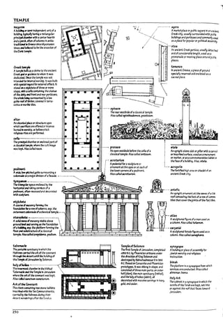 lnelProti
A!lulkillfor seml-I~r.derrt unIt of a
ltulldll1j.~1Iy ha~ ~ rectangular
princlpal~ with a~ he3rth
and ap«dt.o(t.,n ofcolumns In antis:
~ In Greece since ~ean
times..believed to Pe the alUSt« of
theDcric~
Greelctala*
Atem~ ~Ikas a shrine fa the ancient
Greek fOIlor~ to wnom Itwas
~ Since the temple was not
1nt:enJedfor IIrtenuI worship. It was ~ullt
wtth 5p'da1 rt'9d for ~I effect. It
stooJ 01 a~Ir.rte ofthree or mOf'l7
steps.Mthacella,containing the stoatue
ofthe ~ aadfront and re3r porticoes.
the whole ~ surmounted Pyalow
~~ roofof~ber. coverea In terra-
cotta orltarble tiles.
albr
An eIevaW pba orstructure upon
which sacrIflces areoffered orInctnse
~~ ill worship. orbefore which
relglous ritesare performed.
cetb ---------------....--.----
Thcs prlIIdpal clt.mberorencbs.ed part of
acbssbl teI1p/e. where the cultImage
was I:ept.Also called MOS.
'-Tc/£;'
..-....
..--.......... agora
:/ Arrt3rtetplace or pu!7llc squa~ In an ancl¢m
/' G~d: city. usually surrounded with pu~
·f· i.. IxIlldlngs and PO~5 and com~~ used
/..... --..... as ap~ce for populJror polltbl as.sem~.
/ ~ ~ ,toa
An ancient GruI: portico. usually detached
and ofconsidera171e length. used as a
promenade or meeting pl3ce arourld pubi1c
places.
(J
....... pronaos
An open vestibule l1efore the cella ofa
. classbl temple. Also calb:! antlcum.
roo- acrourlum
! Apedestalfor. sculpture or
I
temeno5
In ancient Greece. jI piece of ~r:otmd
speclal~ reserved and enclosed as a
sacred piau.
5tela .
An upright stone slal1 or pillar with 3 c.rvc4
orinscribed su~. usedas aInOrnlrnent
orINM. orasJ commemorative t.(,~ ill
the f3ce ofa ~ildJng. Also. 5te~.
~mcnt .
Awide.~hed gal1le surmounting 3
i ornament atthe apex orat each of
~~~~~:::;=~~~A i tilelowercomersof3pedlment.
Also calledJeroUrion.
t..._ acropolis
Th6fortlfleJ high area or citadel of an
anclerrt Gred: city.
~orJmaJorJlvlslonof~~de. _....--.-...........
S?f;.~E:=··J···~··~···~··§'~··~~··~:~~~···~···~···~~~i~~~~~~~~~
~~
etyfobU
Acourse«N5OI1ryfonni1g ~
f~ boa rowOfcolumns. esp. the
outennostcdonnadeofacb$slciltemple.•.._,
~ ....__...- ...._......_.-.
Asolid IIi1S5 rI NSOI1ry ~ ~Povt7 
¥OUnd breiaIseMlIf as~ fourWtlon 
- 6tla,
Asculptured ~'J~ of a!TUn used as
acolumn. Also calltd Ubmon.
ofa~tsp.~~fonnlngtM[2.~~~~~~~~~~~~~~~~~~
ftoor alldsa~ ofJ c!ass~1
tempk AlsoC3I1ed~. podium. .
...- caryatid
Asculptured female flgUn5 used as a
column. /<Jso cartea ~nephora.
b~erucle
fu porbP4esanctu3ry In which the
HebrnsC3f'Tied the art ofthe covenant
ttl~ 1ieJesert untl1 the !lulldlng of
theTmpIcofJerusa~ bySolomon.
holycn~ ~---.-.--...-....--........
The In~ chamberIn the 171!7flca1
Ta~ aad therempleIn Jerusalem
where tfIe artofthe COVCIUnt w.5.kept.
Also ~ Nnctum 5.1nctcnlm.
Art oftM Ccwenant
The chestc.owlnillf two stone b!nets
InscrlOeJ ~ the ren Ulmmandments.
carried by ~ Heln-ews during their
ck:sut wanJerlngs after the Exodus.
250
Temple of50lomon
Theflr5tTemple ofJerusalem. completed
c950 6.C. by Ph~nlclan artisans under
the direction offJng Solomon and
des~ by NePuch3Jnezzar II In 586
6.C. Basedon CanaanIte and Phoenician
prototypes. It was oblong In shape. and
consIsted ofthree maIn parts: an outer
hall (u~m). the main sanctuary (hekhal).
and the holy ofholies (deVlr). all
decoratea with massive carvlngs In Ivory.
gokl. and cedar.
5ynago~ut
Altulldlng or place of asseml1ly for
Jewish worship and reI1glous
Instruction.
I1lmah
The platform In asynagogue from wfirch
services a~ conducteJ. Also called
.almemar. vem.a.
Holy Ark
The calrlnet In asynagogue In which the
scrolls of the Tor.Ih a~ kept. set Into
or against the wall that faces toward
Jerusalem.
I
1
l
l
L
 