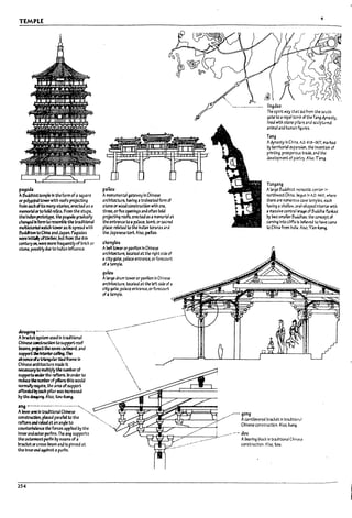 TEMPLE
pag()(b
A6uddhlsttemple In Ule form ofasquare
or po~ towerwith roofs projectlng
from each«Itsmany st«Ies. erected as a
metT1OI'tIlorto hoY relics. From the stupa.
thelndlan prototype. thepa90da ~radU4tl:i
changed nform to rc:sem171e U1e traaltkNl
multlstoried watchtowt:ras Itspreaa with
~dc:ltlsm toChina a!1CA Japan. Pa~odas
were InIUally oftllni?er. 1IItfrom the 6d1
Ct:Ittu'Y0II.1¥ert: II'IOI"e frc:quently of ~rld or
s~ possiblydue to Indtan Influence.
paitou
Amonumental gateway In Chines"
architecture. h3VI~ atra!1eatea fonT1 of
stone or wOOfconstructlon with one.
thru, orfive openl~s anaoften !loki
projecting roofs, erected as arnemori31 at
Ule entranceto apalace.tom~, or sacrea
place: rebuJ to the indIan tor;lnas ana
U1e Japa~ tori!. Also. panoo.
zhonglcu
Abell tower or pavllion In Chinese
architecture, located at the right s~ of
acitygate. palace entrance, or forecourt
ofatemp~
gulou
Alarge drum tower or pavilion in Chinese
archltecture.locatea at the left slk of a
Iingd40
The spirit way th..t ~ from the south
g3te to aroyal torr.i1 ci the T..ng~sty.
Itntd wlth stone pi~rs ana sculptured
anlrT'l3lana hurrun figures.
lang
Adynasty tn China. AD. 613-007.lttlrUa
by temtorl31 exparcslo1. the Invent-Ion of
printlng. prosperoliS trade. ana the
development of pW..ry. Also. "a~.
Yunga"9
Alarge Buadhlst rnmstlc center 1'
roorthwestChlna. De.gt.n In A.D.%<). where
there are numerous Qve temples. e;uh
having a shallow. Mkhaped Inta-1.or wtth
a~sslve cent.r31 ~ of Buddha f'wrUd
b-j two smaller B~ ~ c.onc.ept of
carv1~ into cliffs Is bdleved to have ~me
to China from Indla /-Js(). Yun-~
of, umpl', 'i
city gate, ~Ia~entrance.orforecourt --!!~ellll~~~i;~~~~~~~~~i~~;;~
c:Iougot1f _.-.....---.......................... -...."'-'--"
Almackefsystem used In traditional ....,
ChineseCXIIStnIctIon to sup~ roof .....
~ms. ~ tM eavesoutward, and .
support~Inferiorceding.The
ab~ rAa triallfular1:2etJframe In
chir.eso -.:t.~wre ~ ~
necessaryto multlplytho numl7er of
suppor1O Dftderthe ~.In order to
reJuce thenunWerof pillars ttlIs woula
normally require, thcl area ofsupport
affon:Jed~ each pillar was Incrc:ased
IrjUle ~ Also. tou-kung.
41rtg .----...---.....- .....- ....~.•
A leverann In traditional Chinese '.
construab1, pIaceJ parallel to the
rafters aM r2bI at an an~1e to
cou~nce the fCll"US applJea Py the
InneranJ outerpurlins. The ang supports
the OI/tennos~ purlln Py me.ns ofa
In-ack~ orcross'~am and Is pinned at
the Innerend 39lnst apurlln.
254
_..-'-' gong
.' A cantilevered Dradet!n tr3dIVor.21
Chinese construction. Also. k~.
...•
.......-.. i ..-.-.- c:lou
......_...- ..-...... A Vtarl~ Dlod In traaIUon3IChll1e-:;~
construction. Also. tcu.
l
l
l
l
l
L
l
I
L
,
I
!
L
 
