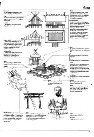 •
TEMPLE
Ut!Il.IOgl--......- ....- ....- .........--............_...........~.............._........._ ..........
The short woodetIlrlllets placed at ~ht . ;
Shinto
3~b to the rM¥ of 3 Shinto shrine. ;
.~~ ~~~~~~~~~~~~~~~~1
ch19I ....··---·····-·--.--.-..- .....-.-..,.....·· -
The Indigenous religion ofJapan, rn..rked .
by acultle devotion to aelt1es of rt3tural
forces, ancestor worship. and venmtlon
of the emperoras adesundant of the
Sun·Goddess, Amaterasu.
The c~ ftnIal fonned by the projecting.
lr3rge Poards 2t each encl of the ridge of a
Shinto shrine.
~hlra ~--... - ......----.....- ........- ...•....•.-....-.-f-f=~
ASXrta po5t in Shinto architecture.
sh3~ by hl.lln3n hands.
N3.g.lN:"Zukuri _...-_._-._..-.........~
A~ ofShlrrtoshrine, based on the
lse prototype. M with the front slope
of the roofextending to form acanopY
0V'et';he ~ staIr; this space r!±:::=!~:::1i::::U::==:U==:1.8;l
evaltuaDy ~ Into 3 pl'3yer
room fOf' 't'I<l1"Shipers.
~-zubri
Astyte of Sh~ shrine. characterized
lry a hipped roof(;Xtendlng from the
maIn roof, (Her acentrally placed
erttnnu stairat one ga!ne end.
iuiden
The h3n of wors.iip of3 Shinto shrine.
u5U4I1ly In frcm of the honJen.•..-.........../
hcn.den /
____-.-...::....of_3_S_hl_nto ShrlM:.//
l......_._.... biro
~nt appro~ •....................i
An .pproach ~h two gateways that
are r>Ot al~ned. 50 that It Is nec.essal)' to
ITtJke ~ sharp eurn to pass from the first
thr"CJ1h the~. used for privacy In
h<XI~ or~mJks. orfor security In
fortffic3tlons.
terii
Amonumental, freestanding gateway on
the approach to a Shinto shrine. consisting
of two plllars connected at the top by a
norlzontal crosspl~e and alintel al>ove It.
usually curving upward.
The covered !lallery surrounding
aprecinct ofaJapanese temple
or shrine.
.-,.
Shimmet·zukurl
Astyle of ShInto shrine eTI1l>odyfng the
original style ofJapanese l>ulld1ng. before
theIntroduction ofBuddhism. It consIsts
essentially ofa small unpainted
rectangular structure raised 3Pove
ground level on post5lll5ef'ted directly
Irrto the earth. Arailed veranda '
surrounds the structure at floor leVel. a
freestandln!j post ~ each gable end
supports tM ridge, and the bargel:103rds
extencl outward from the thickly
thatch~ roof. fonnlng chlgl at each end.
....~ kada
An assem~1y half for mon~s In .. Japanese
Buddhist temple. In which sacred texts are
~d.
to
AJapanese pag0d3 enshrfnlng Buddhist
holy rtI1cs.
s-orin
The crowning spire on aJapanese pag0d3.
Golden Hal~ the sanctuary where th¢ main
I~ofworshlpls keptIn aJapanese
Buddhist temple. The Jodo. Shlnshu. ancl
Nlchelren sects of Buddhism use the term
hondo for this sanctuary. the Shlngon ana
Tend3l sects use chudo. and the Zen ~
uses Msuden.
rund.1lmon
. _____ The principal SOt!th gateway to aJapanese
temple orshrine.
..........- chumon
The Innergateway to the precl~ of a
J~panese Buddhist temple.
,noro
AstnJcture from which the temple PeR Is
hu~. as oneofapairofsmatl,1dentIca1.
symmetrfG.oi1y plaud pavl~ns In a
J"panest Buddhist temple.
l1ut5u
Arepresentation of Buddha.
d.1i~ut~u
AI1rge representation of Buddha.
255
 