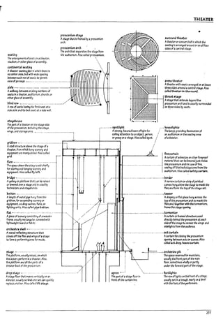 I
I
~ting
The arra~ement ofseats In a theater,
st3alum, orather place of ;assem~ly.
c.ontinerrbl seating
Atheater sating pfan In which there Is
no center;alste, Putwith wkIe spacing
~each row of se3ts to permit
proscenium stage
Astage that Is framed ~ aproscenium
arch.
proscenium arch
The arch that separates the stage from
the auditorium. Also called pros~nlum.
..
..
e:JSe of passage. ------ --.--- ------- ---- ---- --. - ------ --~Hl'IHH.I_+H
THEATER
".
~urround theater
Atheateror concert hall In which the
seatlng Is arranged around or on all four
sides ofacentral stage.
Jt.·m'-~Ilitii areru theater
Atheater with seats arranged 01'1 it least
three sides around acentral stage.Also
2~~-----·--.--.---.---.--------~~~~~~~+­
AW3~ ~ween or along sectlons of
seats In;l the3ter. ;ludltorlum. church, or
ather p1aceofassem~ly.
l7lin& row ~.---_____...__.. _____________.....___"./'
Arow of seats having Its first seat at a
side aIsle and Its last seat at aside wall.
5tageho~
..-
I ~  called thUUf'-fn-the-round.
i ,II thru,t stage
~ tttttttttttttttlrttt--~t-!:-1- Astage that extends ~eyona the
~~ proscenium arch and Is usually surrounded
f"~~II·..-====:Ili; on t~_reesides l>y seats.
J! .,
The part of;I theater 00 the stage side
of the proscenlum,lncludlng the stage. ;----------. spotlight houselights'
wings, and storage area. ~- .. --.. --------- -- ---- ----- ------1
~
. Astrong. focuf>ed ;>eam of light for
calling attention to an o~ject. person,
orgroup on astage. Also called spot.
The I3mps pl'OYldlng IllumInation of
an auditorium or the seating area
ofatheater.
gridiron --- ----....--- ----. --- ------ ----------..---
Astell ~re arove the stage of a
thaW.from which hung scenery and
equipment are manlpulate<:!_ Also called
grid.
flies ~-----------------------.----------- ..-- :.
The space aAA-e the stage used chiefly
for storing aM tunglng scenery and
equIpment. Also called fly loft. '
I fire curtain
Acurtain ofaSDestos orotherflreproof
rnaterl3l that can veloweredjust Inside
the proscenium arch In case offlre.
sealing off the Uackstage are3 from the
aualtorlulT1. Also called safety curbIn.
::,'.,
Inoidge -------------------------------.--- -~ .'----:
Ag3flery or pbtform that C3n ~ raised ~,.
: :------------------------------------ barkr
te-clmlcbns and sta¢tands. : ~.
AIt3rrow curtain orstrip of painted
canvas hung above the stage to mask the
flies and form the top of the stage set.
or ~over;l sbge ar..d Is used l>y Ji ..-
~ :
~~:i$E~:·~~~ .i. ~~
lighting units. Also carted pipe 1?.rtten. / /1
-.- ..------.-----..-----.-------.--. teJ6er
Adraperyor flat piece hung .cross the
top of the ~Iumarc;h to mast: the
flles and. tcgether with the tormentors,
frame the stageopenl~.
fLit ..--------.--------------------------------.. / ...../
Apiece of scenery conslstlng ofa wooden / ; ..".-,
frame. usually rectangular, cevered with ". / ....//
Ilghtweight Dcard or faD
ric. -""" ( ' / /
I .
orchenn ,hell ....--------------------------.---.-- .---....--- '-"- 1 /
Asound~g structure that I I
closesoffthe files ;Ina wfngs ofastage I j
to form aperforming are3 for music. I /
LII
5tage -----------------------------------------
1M pl3tfonn. usually raised, 00 which
~;lctors perform In a theater. Also.
the pl3tform ~ all the parts of a
theater Uacl: of the prosce.,lum.
drop stage ~-- -- ----- --
Astage floor that mOles vertically on an
ekvator. u~11y so that one set can quickly
replace another.Also called flft stage.
..-
----------_.. ----.----._./

.---.---.---.-.----..------.--------. tormentor
AcurtaIn orfrarnec.f structure used
dlrectl-j Pehlnd ~ proscenklm at each
side ofthe stage to screen the wings ana
sidelights from the ;ludlence.
--.---. ------ ------.----------....--.---. aacurbln
Acurtain for closlnfJ the proscenIum
opening Petween acts orscenes. Also
called ..ct drop, house cu~fn.
____b ______.orche,tr;a pit
The space reserved for mUSicians.
usually the front part of the maIn
floor, sometimes wholly or partly
under the forward part of the stage.
apron .---.: ---------------- .oo.---, footlights
The part of astage floor In The row oflights on thefront ofastage.
front of the curtain line. usually set In atrou9h. nearly 011;1 level
wIth the fut of the performers.
257
 