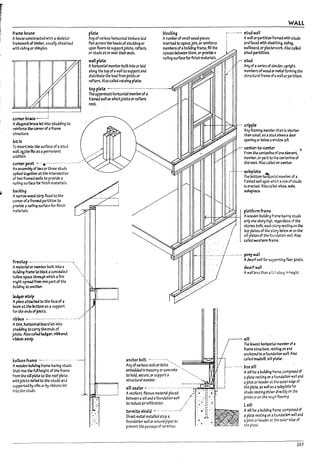 -~ ,I...;.·f
't
11
l~
t~
m~hause
Ahouse constructea with askeletaI
framework of t1mrer. usually sheathed
wtth siding or shingles.
corner I7race _._...;
Adl3gonal bracelet Into studding to
reinforce the corner of aframe
structure.
let In
i 0 Insert Into the surface of a stud.
wall Of:,the tn:e as apermanent
addftlon.
comer post .....-.•--.--------------- .----..
An ;asseml7ly of two orthru studs
splW togetherat the Intersection
of two frarnecl walls to provide a
nailing sumu for flnlsh materials.
~cklng
AnJrTOW wood strip flxed to the
cornerof afrarnecl paMlon to
provlk anallln~ surface for flnlsh
materials.
firestcp -------.-----.--------------'.
ArlUterial or member !roUt Into a 
tlvlldl~ fl.lme to I1lbcl: aCOTlce31ed .
hollow space through which aflre ".
might sp~ from one part of the
!ro11.d1M§ to another.
ledgerWip
Apleu attached to the face of a
Deam at the bottom as a support
for the ends ofjoists.
M17Pon ~_ ..________._ ------.---.----. -.__.J'-
Athin. h~ I;Io3rd let Into
studdlng to carry the ends of
joists. Also called ledger. rippand.
rIPPon strip.
balloon frame ..-- --...-..--'-' _
.....
Awooden !rolldl"4 frame having studs
that rise the fun height of the frame
from the sIR pl3te to the roof piate_
wlthjolsts nailed to the studs and
supported by sills or by ribbons let
Into the studs.
plate 1110cking
Any ofvarious hOrizontal tlml:>ers laid
flat across the headsofstudding or
upon floors to supportJOists. rafters.
or studs at or near their ends.
wall plate
Anumberofsmall wood pieces
Inserted to space.join. or reinforce
memrers of a!rolldlng frame. fill the
spaces between them. or provrac a
nailing surface for finish materials.
Ahorizontal member built Into or laid
along the top ofa wall to support and
distribute the load fromjoists or
rafters. Also called raising plate.
top plate ~- ....---.....-.......-....-.-.......------
The uppermost horizontal meml:>erofa
framed wall on whichjoists orrafters
rest.
/'
anchorbolt •... --.--...~.. ~~~~~~
Any of various rods or rolts "..•..• E
;'L:··:·
~. ."
. ,.
~. ..".'
. -'
.. ·4:
embedded In masonry or concrete
to hold. secure. or support a
structural member.
sill sealer ......-..-.-..-.....-......-.-.-.--;-~~.~
Areslhent, ftln-ous material placea J
~etween asliland afoundation wall /f"'.
to reduce alrlnflltratlon. ,/
termfU shield~···-···..·-·······./
Sheet metallnstal1ed atop a
foundation wall or around pipes to
prevent the passage of termites
.~ .
- b '_.
WALL
~-......_.. stud wall
Awan 01' partition fr.lmeJ wtth stuas
and factd wtth sheathing. siding.
wallboard, or plasterworX. Also caW
stud partition.
.'" stud
Any of aseriesof slender. upright
memrers ofwood or tne't31 fonnlng the
structural frame of awall or p-artltlon.
-... cripple
Any framing member chat Is shorter
chan usual. as astud above adoor
opening or relow awindow sill
.-- center--to-center €
From the centerlineof one eIe:r.ent.
member. orpart to the centerline of
the next. Also callta on CCT'tu.
.... $OkpLtu
The :>attom htficntJImemper of a
ftamed wall upon which arow of studs
Is erected. Also called shoe. sole.
soIeplece.
platform frame
Awooden !rolldlng fr.lIne h3vir..J studs
only one story high. rt-gardless of the
stories ~ullt. each story restl~ on the
top plates of the st.ory ~Iow or on the
sill plates of the four-dation waft Also
called wc:sUrn frame.
....-.-...... ponyw~1I
Adwarf wall for sUPr«t1"9 fIo?,.joists.
dw~rfwall
Awall less than afullstor)' In hd.3ht.
5111
The lowest horizontal mem~ of a
frame struGture. resting on ana
anchored to afourWtlon wart. Also
called mudsill. sill ptru.
.-.....• l1ox,iII
AslH for atlvlldlng frame. composeJ of
aplate resting on afoundation l'f311 and
ajoist or header at the outertd¥of
the pl3te. as well as 3 soleplm for
studs resting either dlrectly on :he
joists or on the rOu.,Jh flooring.
l,fII
Aslll for atlvllcllng fr.lme. composed of
aplate resting on afoundatlo:! ""nand
a10lst or header at the outer~ of
the plate
267
 