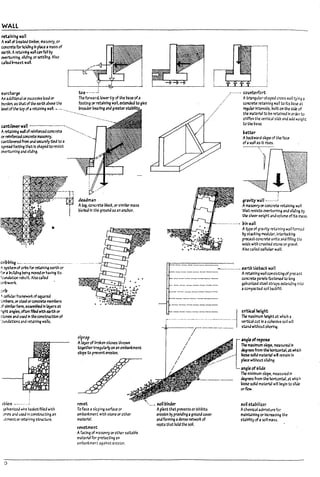 WALL
ret.1lning W311
Aw.noftre3t.e.a tlml1er. I!i3S0flr)'. or
~ for holdlng In place a1n35S of
earth. Arebln~ w.1I C211 f.l1I by
overtumlng. s/Ia'In~ orseuRng. Also
C411ea ~5t waR.
5urc!lJrge
An addltlooal or excessive load or
Irorden. 35 that ofthe earth above the
b<el ofthe top of aretalnflo.g wall....._- .______.
toe··---·"!'
Theforwa ra. lower tip of the base ofa
footing orretaining wall extended to give
!?roader Pealing and greaUr
-......
----~
~rrtiJever W3n ----------------',
Art't4lnlng ~ of reinforced conc~ -.._------.
"''''...
or re!rrforcea ~ masonry.
C4ntlievmd from ana securely tied to 3
spre3d footing th3t Is shaped to resist
overturning aM sl1J1ng.
cn17Uing -.-...___ .._.___________ .__ .__......
A system of Cli~ for ret.1lnlng earth or
sora ~..lld1ng ~ng lT1CY'edorhavlng Its
;c·Hldatlon rdnJltt. Also C41ieJ
c.r.bworl
;n'b
, cellulJrn.~of.red
:':mbers.or s~ orconcrete rnemPer5
;;f $Imlbrform.. asseml:>led In laj'ers at
...;~ht angles. often filled wtth earth or
stones ;rod used In theconstroctlon of
'':lI.maatlons .nd retaining walls.
.3~ion ---......;
p Ivanlud wire b.sl:et filled with
.0f1es and used In coostructlng an
Jt ment or retaining structure.
o
de3dm.1n
A log. concret.e Plock. or similar mass
uurled In ~ ground as an al1Ghor.
rlprap
A layer of ~en stones thrown
together Irregularlyon an emban~ment
slope to pm-cnt erosion.
revet
fo face asloping surface or
emuankment wIth stone or other
material.
revetment
A facing of masonry orother sultaple
material for protecting an
empankment against erosion.
.r---__.• ccunterfort
...- Atriangular-shaped cross waU tying a
concrete ret.olnlng '(311 to Its Dase at
regular Intervals. built on the s~ of
the I!13terial to be retained In Of~r to
stiffen the vertical slap and add weight
to the Dase.
i7atter
Al:r.ichard s~ of the face
ofa wall as It rises.
!
gfMty wall .-------j
ANsonryorconcret" retaining waH
that resists overturning and sI1dl~ ~
the sheer weight ana YOlume offts ctilss.
'--.--.--.-...-.• ~inwali
Atype of gravity retaining wall for.r.ed
loy stJcklng modular. interlocking
prec.ast concrete units and filling the
voids with crushed stone or gravel.
Also called cellular wall
- - - ------------ ---~- ---. t.1rth tle17ack wall
- - - - - - - Aretaining waif consfstl~ of precast
- - - - - -- concrete panels fastened to long
_ _ _____ gatvanlzed steel str.lps extending Into
a compacted soil UacHlll
~-
-
~==::::=::::=------ --j
c~lhe~ht
The maxImum height at which 3
vertlcal cut In 3 cohesive soil will
sbna wlU,CtJt shoring.
;-------
I
/
/ The maximum sIop6. rne3surea In
/
/
/
. . &eg~ from the horizontal. at whk;J,
[
Jngleufre~
/ .......
/
',___ • soli binder
Aplant that prevents or Inhlplts
erosion Dy providing aground cover
and forming adense network of
roots that hold the soil.
. _--.--' loose solid mate~1 wll remain In
..•.•-- place without slidlnq. .
angle of ,ride
The minimum slope. measured In
deg~ from the horlzont.1l at wh!ch
loose solid material will begin to silk
orflow.
soil5ta17i1iur
Achemical admixture for
malnt3lnlng or Increasing the
St3!1lnty of a soli mass.
I
iI
J
,
j
l
l
l
l
L
L
L
L
L
 