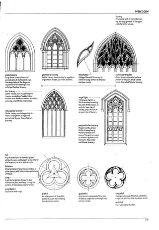 I.
I
plate tr~cery
EJrly Gothic tracery funned of
pierud slobs of stone set on ~e.
the des~n ~"9ln the shape and
dlsp<l$1'tlcn of theopenings. Also
carted pafor3Udtracery.
par tracery ...-_...._--.-...........................
Gothic meet)' tlutsucceeded plate
mcery. conslstl~ of mok!ea stone
mul110ns that divide Into various branching
emnts which flU the wIndow head.
ret.icuL1td tr~ry •.-.--.-_............-
Gothic tracery conslstlng mainly of a
nttlii:e arra~ement of rtpt:ated
~~metric31 ~ures. AlsG called net
tracery.
g~metric tracery
Gothic tracery characterized by apattern
of geometric sJ,apes. as circles 3nd foils.
fon ~--- .------------------.-----.- ----.,,--..--,
Arry of several arcs orI'Oilncled spaces' '"
aMdtd by cusps and bngent to the Interior
ofalargerarc.;;Is ofan arch or circle.
foliatlon
OrTt41rnentatlon ofan archway. Window. or
otheropening wtth foils or representations
offol13ge.
cu,p ~ .. ---- ...... ---- ..---- ....... ---
ApoInteJ p~ecUon formed by two
IntersectIng arcs. used esp. to vary the
Mhnes of ~ or to form foils.
cu'pkUtlon
Decoratlo11 wIth cusps
trefoil
An amngement of three foils
dIvided by cusps and radIating
from acommon center.

ITWUc~ ~
Adaggerllkt motH'found esp. In
Gothic mcery. forrnea by elliptical
and agee curves. .
an~ellight .•- ..--.---------_.
Atrlangu13r 119htIn a
Goth1c window.fOl"11'1ed by
the arch of the Window. an
arch ofa!ewer tier of
mctr)'. ana 3 mullloo of
an upper tier of tracery.
perpendiculartracery
Predomirt3ntly vertlwl
Gothic tracery havfng
mullions rising to ~
curve of the arch. crossed
at Intervals by horizontal
transolT1:S. Also caled
rectni~~ury.
q,uatrefoil
An orn3rr.ent com~ of four foils.
divided by cusps and radIating from a
comlT1Ol1 center.
WINDOW
tracery
Om31T'.eRtalwoti: of branchllke lines,
esp. the lacyopenwork In the upper
part of aGothic window.
cu,..,,1in~r tncery
Gothic tracery charactertzea by a
p-attem ofilTegular,l1cldlycurved
forms. Also called flowing tracery.
cina.udoil
Adesl<:Jn composed of five foils. clivlkd i;;t
cusps and radiating from acommon ce~~.
rnutufoil
HaYi,19 more than five foils.
275
 