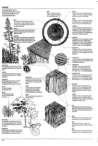 WOOD
The tc~h. fil7rous cellular
su~tance th.-t makes up most
ofthe sUms anal?l'3nches of
trees ~eneath tU ~rt
~.ilr1: .-..------.-------.-----..--.-- -'--"'-'--'--'-'.
The to~h extemal coverl~ ofawoody '.
sttm.l7ranch. or root. composed ofa nvlng
In~ layer caltea phloem and an outer Dan:
ofcorty. dead tIssue.
.-~:h":f'll~~~ ~ --------"-------------.---.----.-.-.--..-
A~oftls5ue th3t C3rr1eS food from U,e
~ to the growing parts ofatree. Also .
calW InMrpark.
~m9jum
A_t;hln ~ of reproductive tlssue ~
~~~: '..4,:..:1 ~ phloem aM xylem. which produces new .
~i£"It;g ph~ on the outslJe and newxylem on the
In~ ofstems.l7ranches. anaroots..
~wood ~---- ---:------ --- --------.~-.•:',..•;.-••-
The wood from .; can!fer. The term Is not
JescrfptlYeof the actual softr.ess of the
wood.
conifer
Anyof various predomlnantry evergreen.
~-17ear.~ trees. as pine. fir. hemlock.
ana spruce.
t:VeT3~
Having fol!a¥ that remains grun and
functtonal throughout the ye:Jr or
th~h mort: than one 9ro~ ~son.
crown •.--.-...-------.-.-------...--_..!
The ~ves and living
Pranchesofatree.
tnmk
The main stem ofatree
apartfrom Its mnches
and roots. ~
hardwood ....----------------.---.--
The wood from a Imnd·le3vea f.owerlng
~ee, as cherry, maple, or oak. The term Is
t".ot descrl~ of the actual h4rdness of
tilewooQ.
kckfuolf:J
Shedding lt2ves annU4/ly orn the end of a
~rowlng season. The term Is descriptive of
most hardwoods and afew sof':woods.
276
resin duct .---- .--.-.....-.-------
Atu!xtlar.lntercellular space In a
woody stem that secretes reslns.
esp. In contfers. Also called resin
. canal. .
resin
Aviscous. clear to tr3nslucent.
organic sul1stance ex~ by
certain pines. used In rnakl"9
vamlshes. adhesives, and plastics.
pith
The sof';. central core aDout
which frst growth t3l:es piau
in anel't)'fonned stem.
r--···· xylem
.... The WoMy tissue of ;I tree th4t pro;ldes
support ,lI1J conducts water;lna minerai
nutrients upward from the roots.
lignin
An organic subst~"u that. wtth cenulose.
forms the woody cell ~ 115 of plants ;I nd
thecementln:3 m3terull7etween u,em.
cellulose
An inert C4rt>ohydta~ that Is the chief
con~ ofthe cell lI2Rs ofpl2nts and
ofdried woods.jute. hemp•.;andCDtt9n.
used In the rnanuflctu~ of .; wide variety
ofsynthetlc burt&~ rnat:emIs. .
sapwood
Theyou~. ~. llv!~ portion of wood
~ ~ camrom and htartwood,
com~~Ple In st-re:ngth to htartw:lod but
usually lighter In color, mo~ pertne;lPte.
and less durable. Also called allXlrnum.
'..---.---- -..----. he3rtwocd
The older. k3rder. n3Ctlve core ofatree.
usuallyd.arUr.de~•.and moredural7!e
than the surroundin.g sapwood. Also calrea
duramen.
r- annual~
........._""'--.::""111~~::i -de.. AccncerTt<ic layer of wood produceJ during
~11!5;~ a single Jle3r's growth ofatemperate tree.
, Also called frowth "lli.

,
springwooa
;,
The softer. more porous portion of an
annual ring that.:kYelops e3rly In tl:,e
growlr1§ sasoo. cha~rlzed bybrge.
thin-wailed cells. A!sc called earfy wood.
~.----..--. summerwooa
.", "
..... '.
The harder. dJri:er.le-ss F,s portion of
an annual ring that de.-eiOpS late In the
growing sasoo. char-;tC'terized by compact,
thld:-walied cells. Also caltea r...te wood.
~-.., tracheid
.i One of the d.or43W. S<Jpporting and
conductive cells il1 woody tissue. luvlng
taperl~ c!oseJ ends Vla ~nlfied walls
oriented pmlid to ~ axis of astem or
branch.
vessel
Atubur.lr st<ucture of wooJy tissue for
conducting W7ter ana ifJlneral nutnerrts.
formed by the fusion a:1d loss of end W".i rts In
a~ of connected ceils.
'~--.-, ray
.' ,:' One oftht vertlcal!:73nds of tr.Insvers6
! cells that rui!.ate ~ ptth and 17ari: for
; the storage and hortzon-tal conduction of
: nutrients.
-----. pore
One of the relatively ~ge verticai celis for
conducting 54 p. esp. It nardwood trees.
,ap
The vital fluL::l of 'ater. nftiogen. and c
mineraI nUtr¢1ts thn circulates through;;
plant.
fiber
One of the sct1der. thW:i-walled cens whlcn
together ~e to st<et1gtnen plant tlssue.
I
l
l
L
r
L
L
L
L
f
.~.
~
 