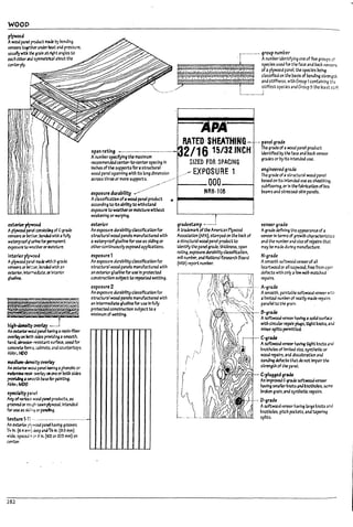 WOOD
exterior~
Aplywood F~ con~ of C·grade
vt:1UrS or ~~. ron«4with afully
l'r.lterprooft.Jellnefor ~nen~
expo'".xJre to ~th(;(orll'lOlsture.
interior pf:Jwcod
Ap~ood p;.-.d lnade with D-grade,
vt:1UrS or ~~. ron«4 wfth an
exterbr. ~~te. orln~rior
~
hig~MNy ......-;
All exterior.ood ~ 1tM~ aresln~Per
overlayOft k7t:J, sldes provIdl~ asmooth.
lura. abrasIcn-resIst4nt surbce. used for
concre-t.e fur:-.s. C31r1nru. artd countertops.
Auk:~
~-~overby
lv,extuior ....xJ pand having a~oHc or
meb~ resln oreNy011 one or both sides
~ asnxth lr.lsefOr Fiintl"4.
AUbr.:MDO
'pecblty pJMi
AnyofV2MouS I'I'CIOd panelproducts. as
groovedor ro~41-S4wn l*Jwood.ln~nded
for use as $ldir"! or ~
Uxture1--1<J ..........._..._........................-
Iv1 exUrfor ~~ pand havl"4 grooves
'I,.In. (6.41rt1T1) ~paM% In. (9.5mm)
wide. spaced 4 IX 8 In. (102 or 203 mrrt) on
unter.
282
r.-·...·-·. group number
.-l Anumber identifying one of flve groups cf
~;~~~~~~~~t-:;~S~~~ species used for the face ana Uac~ vene,..,--s
®0~~~~11._.'
"!i_'~_ of a plywood panel. the species ~ng
~~~ ~:':':~"~ classified on the I7asls of rending s~..h
~~~~~~~'S.~"¥&~ and stiffness. with Group 1contalnlf1 tr.e
. / : stiffest species artd Group 5 the least stff.
L..._.._.....j
span rating - ....--.---..-..-.--........---
Anumber specifying ~he maxImum
recommenclea center-to-centerspacing In
Inches of the supports fora structural
wood panel spanning with Its long dimension
;!Cross three 01' more supports. ,_..,
, ..",";.
exposure duralrility --_.,.
Aclassiflcatlon of al'OOci panel product e
according to Itsabilityto wlthstar.a
exposure toweatherormoisture without
weakenIng or warping.
extericr
An exposure dural7i11tyclassification for
s'tnJctural wood panels manufacturea with
awaterproofgluehne for use as siding or
other continuously exposed apphcatlor:ts.
exposure 1
An exposure durabilityclassification for
structural wood panels rrt4f1ufactured with
an exterior9luelJne for use In protected
construction sul7ject to repeated wetting.
exposure 2
An exposure durabilltyclassification for
structural wood panels ITUnufacturea with
an In~rrned1ate glue/lne for use In fully
protectedconstruction subject toa
minimum of wettl~.
"M'"
RATED·:SH!ATHfHG--
2/'16· 15/32 INCH
SIZED FOR SPACING
..,~ EXPOSURE 1
1 - - - - - OOO-~
NRB· foa
grade~mp ~...__..I
Atr3atman: ofthe American Plywood
Assoc~tlon (APA). stamped on the bac~ of
astructural wooJ panel productto
identifythe panel grade. thicl:nes5. span
rating. exposure duraUitltyclassIfICation.
mill numf,er. and NatIonal Research Board
(NRB) report number.
('.
I .
!
..• panel grade
The graae of awood panel product
identified by the face and back veneer
grades or l1yIts Intended use.
engineered grade
The grade of astructural wood panel
based on Its I~ded use as shtathl~.
su!7flooring. or In the fa~rIcatlon ofI:1ox
l7eams lind stressed-skin panels.
I
I
I
l
l
L
 