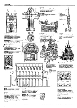 Aanoped r~s for a
~ IIn3¥orICon.
arcak ---.-----.---~.-- ..... __.....i
A serles ofarches supporte« Oil plus or
cofumns.
arcU.1U
Curved orarched hke aPow: a t"~rm used In
descr1P~ the arched orv3u1i;,;cJ st·l1.lcture
of 41 Romanesque church or Cothlc
C3tnear3l:lis distlngulsht<;,om the
tr"aPe3ted archltectur~of "" Egyptian
hypost~ hall or Greek Doric /:emple. Also.
arcuauo.
36
--- ....."'itra~~
Th~ maJortklnSVer5e p3rtcfacruciform
church, crossln~ the main axis at a~ ht
:lingle lletweenthe n3Ve and choir.
r~pond ___._...••••._
•.••.•__••.__•.••..........1
A pieror pilaster projtctl"9 from awan as a
support foran arch or lintel. esp. at the
tenTIlnatlon ofan arcade or coIonna~.
~pjiu1c:'i-··--··-----·-·-·---·--------J
A Pel! tower, usually one near put not
attached to th~ rody ofa
onTondOlffil
APuI17ous, cbrr.elike roof te1~ating
sharp point. used esp.ln 1(~r;:,.::II~ OrtbAM'J{
church arch~ure to CIJoI.~n?Upola ~y
tower.
:..~~tterY1
. II roofea promenade. esp.
one ~tendlng Inslae or
outside ;;Iong the exterior
wallofaPulldlng.
IIoft·t
, Ag2'11e1)' or upper
level In achurch or
han.
15plr~--·-····
Atall. acutely
tapering pY1'3mldal
structure
SUnTlountlng a
steeple or tower.
lneepltj
II tan omamentaIstructure. usually
enalng In a spire and surmounting the
tower of a church orother pupllc
uulldlng.
t 5~ve churchl
An Ina~noo5 ~ndlnavl3n church of
the 12th ana 13th Unturies, havl"i a
tlmllerfrarne, pf4lnk walls. a~Iered.
stupty pitched roof, ana few windows.
Interlacing arcade
An arcade, esp. aI1Iindone. composed of
arches resting on 31tema~ supports ana
overlapping In series where they CI"05S. Also
called InUrsecth!g arcade.
I7lindarcade
Aseries of arc~s superimposed on 3 waH
for decoration. AI50 ailed arc3UIl'e.
I
!
I.
lJ
p
~
f
I
6
L
I
r
I
f
!
 
