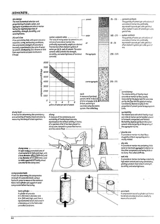 tCONCRETi!
mix~lgn
The n10St economlcalselecUon and
proportIOningofcement. water. and
~te to p~concrete or mortar
NviI1g the required properties of
worbl7lllty. strength.durability. and
W'~htness.
Aham'5law
r[cement
: water
water-ce~entr3tio _.._..•._...~
The ratio of mlxl"!! water to cement In aunit
volume of concrete or mort3r mix. air
preferal7ly expressed ITy weight as adecimal
fraction l7ut often stated In gallons of
water per 94-117. sack ofcement. The water-
cement railieantrots the strength.
7% -15%·· .- cement cefTtent
The quantity ofcement per unit volume cf
concrete or mortar mix. preferably
expressed In pounds per cubic yard put
often st3ted In saus of cement per cubic
yard of mix.
16% - 21%"-' water content
The quantity ofwater per unit volume of
concrete or mortar mix. preferably
1% -.3% expressed In pounds per cubic yard but
often stated In gallons per cubic ya rd of
mix.
A ~w postulatl~ that, with given concrete
/n4teri3ts. curing. and testlng conditions.
W compressive strength ofconcreteIs
UTrerseIy propot1lo1ul to the ratio of water
to ument: developeJ (,y DA Al7rams In 1919
from experiments at lewis Institute In
Chlca~. dural7illty, and watertightness of hardened fine aggregate .' . :'..' 25% -.30%
concrete.
i
o ---~----~--~--~I
4 5 6 7 IJ
gallonsofW3terper53ck ofcement
.. - ."
.: ....... .
::... "."..... : ::
sack
Ameasure of portland
cement: 94 117. In the ---"...........A
87.5 1!7. In Canada. 112 117. ~~~.!.t4-
8ritaln. and 50 kg In
countres using the metric
system.....Iso cal~J 139.
.31%-5/%
consis~rn;y
The relative a!7ltlty of freshly mixed
concrete or mortar toflow. usually
measureJ bythe~p~~forconcre:U
and ITy the~.te:st.fpr i..rqu.~r m~E.
Consisttncy deperulslargely on the
proportion of~nt pasteto.gg~ate In
amix.
~Iump~~ ------------------------------------1
Amc-..hod for determining the consistency slump
workability
and wortabilityoffreshly mixed concrete ~ Ameasure ofthe conslstency and
me.$lJ~ tke slumpof. test speclmell. wori::a~lIlty of freshly mixed concrete.
tlXpres~ 35the vertical setthng.ln Inches.
of aspecimen after It has I7een placed In a
slur!1p cone. tamped In aprescrl!7ed manner,
and the cone Is lifted. --------
slumpcone - ...........--..-.- -- .....- ----.•..-----
An open·~nJncated cone of
Sr.~metal.t2J=:(
mm}hlgh. with
.lr.i5"tiameter In 203 mm) and
• topdiameter 41n. mm}. used
to maYaspeclrnenorfreshly mlxeJ
concrttefor the slump test.
~ mpreS510ntest
Atest for ~lnlng the compressIve
5~ ofaco~ "atch. using a
hyd,..ut1c press to mc:asurethe maximum
load 3 testcylindercan support In axial
compression ~ore fracturl~.
u5tcyUnder •... -""-""-" _............ -
Acynnderofconcrete
6 In_ (152 mm) In diameter and
12 In. (~mm) high. cast from a
representative I7atch and cured In
alaPof'atoryor In the field under
controlled cond.1tlons.
···-'i~
The relatlve e35e with which freshly mixed
concrete or mortarcan !7e handle4. placed
In fOr1T1W9rk. comp~ and finished.
Worb~ility depends partly on the water·
cement ratio and partly on the grading of
the aggregate In a mix.
/plastJc mix
Aconcrete or mortar mix that flows
sluggishly without segregating and Is
readlly mokle.d.
v dry mix
Aconcrete or mortar mix containing little
wateror too moch ~g~ In relation to
the othercomponents and having little or
no slump. Also C411ed stHfmix.
wet mix
Aconcrete or mort3r mix having arelatlvely
high watercontent and runny consisten0'.
yJeld1~ aproduct that Is low In strength.
duralnlity. and watertightness.
..:::.:.~";- '.':.::( .:.
-'=~-:---+----!.-'~"'-t-t--'-- cere test
Acompression test of acylinder cut from a
hardened concrete structure. usually ~
means of acore drlii.
J ;
1
,
Ij
I
Jj
I
11
I I
lJ
6
j
 