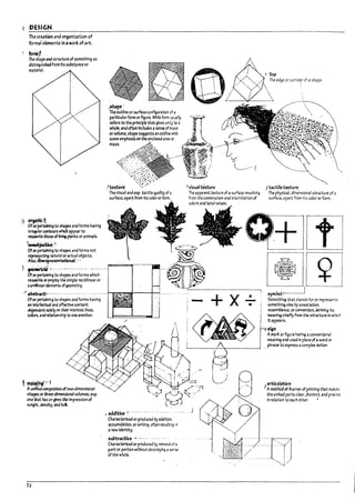 DESIGN
The cre3tWn and organization of
formal elements in a won: ofart.
.I fOriit-i
The ~pe and structure ofsomething as
dlstlngulsWfrom Its Silbstaru or
materl3l .
:, ~~~
Oforpertalnlrlg to shapes and forms having
1~l3r contcurs wflic;h appear to
resem!?let:f-~of~ plants oranimals.
!~.~
Oforpertaining to shapes and forms not
~ng natural oractual oujects.
AIso.~~naI;··:;
,shape'
The outline or surface conflgurauon of •
partlcularform or figure. While form wsU311y
refers to the principle that gives uni~y to 3
whole. and often Inclllks asense of :rt355
orvolume, shape suggests an outnne w.h
some emphasis onttle ellclased are3 ~
mass.
<1~~:'~" .:'..
~'~::::-'.> ". -:-".::: .
·;:;:<::~~~~~.:.s
!textiirt " .' .
. The visual and esp. tactile 'uality of a
surface, apart from its.color or form.
@
.#Iine
The edge or wntdllr of a shape.
 /' 
, L_'--¥-_-->-
'7 visualttXture
The;;pparent texture of;; surface resulting
from the comuinatloo and interrelation of
colors and tonal values.
i tactile texture.
The phY$lc3l dlmenslonal structure of 3
surface, apart from Its color or form..
cc-.--:;;>
~!
~ ...........-.............. -....-..........
.....~
-+ [!]
~[]]
Oforperblnlng to shapes and forms which
resem!?le oremplcythe simple rectilinear or
cu~r dements ofgeometry.
'?a~··-·'"·''''·'·'''·'''''''
Ofor perblnlng to shapes and forms having
an Intellectual and affective content
~ solely on their Intrinsic lines.
cofors.and relatlonshlp to one another.
 ~~f!1f::d
Aunified compostlon oftwo-dimensional
shapes or Rtru-dlrnenslonal volumes. esp.
one 1:hat ftls or sffithe Impression of
w~ht. dcnsfty. and Pul.
52
i~j~
syntPot----',
t addi1::i~e 7....··....·_.. ·· ........ .
Characterized or produced byaddtUOn.
accumulation. or uniting, often resuftinq in
a new Identity.
5ulrtractive ~ ..- .................
Characterized or produced by remmi cf.
part or portion without destroying ;; ~se
of the whole.
~----------------------.
--+X •
•
Something th3t st;a nds for or represents
sornethlr.g e~ Dy 3ssoclatlon.
resemPbnce. or~n. derivl~ Its
I
meaning chiefly from the structure In which
ltappe3rs.
I'~~~~flgu:-t h3v!r.g .. ~nvenUof13!
I . meaning and used In puce ofaword or
~_____---:"--~______---.JI _ph~se to exprtss 3 complex notion.
.J
artJcubtion
I Ametf1CJOflhanr.erofjointing that mJtes
the united parts cIQr, distinct. and pr~ise
In relation to e3Ch other, ...
~."~~'I
'~.:' "'---.' ..-. --, '-'.'CIJ-'>,
;,
f~~~~~~:~ /
'''~~:%~~~:l', ..,...
"
 