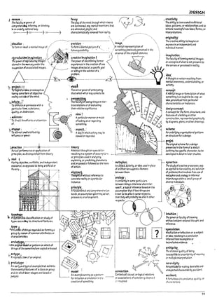._,
 I
r
1
~ I
j
:;'l ,
fI
rI
rI
f'
t
I
!
~..!
The f#culty or power of
compre~ Inferring. or thinking
In ,norderiy.l'ltlonJl way.
o }.0 ) o-----~)
fa~
The pTay of the mind through which 'il$cns
are summoned. esp. mentallnventC1s that
are whimsical. playful. ana
characteristically removed from re4nty.
---
iDESIGN
I crutivity
, The aPillty'tO transcend traditional
Ideas. patterns. or relationships and to
Initiate meaningful new lkas. forms. or
Interpretations.
 ,,/
-e-nv-I-slc-n:-'-------~  irrt.l4~"
To rorintmental plctvre of a. >>A rr.en61 representation of
,origiral~i
The creative ability to Imagine or
express In an Independent and
Individual manner.
future possibility. • - '-, / sorr.ethlng previously perceived In the
3b~nce of the 0~lnalstlmulu5.
i . irrt3~in3ticn :
The faculty of fontilng mental Images
The powerof recombining former '. : or concepts of wh3t Is not present to
experiences In the creation of nell' '. - ,: the senses or perceived In reality.
IITt3ge5 directed at aspeclf1c g031  .   IJ
--.-•••- ~~Inthesolutlonofa' ..., ""'_'_______~~•.•••-~Q/,~:
_
..~_.._
~..._._....,..-.........4-...--.-................-...-...... Kthoughtor notion resulting from
.' mentalaW3reness. understanding. or
.:t yro~;:;8
.~ ~~
'" 'Toreg3fd'an Ide3 orconupt 3S
h~~ somefmn ofo~tlve
~Irty outside ofthe mind.
~~~}
10 ~nlmate orper-rneate with a
~rtk:ular fom. sul;>stance.
qUJl1ty. or distinction.
~a.dd~;
, To a'ir~theefforts or attention
of.
he~: "."
" To rttrut anahold fast Py
Influeta or powu.
The act or powerof antlcipatl~
that which will or may come to be.
I ~~~
Th'e faculty-ofsetllng things In their
tnJe relations orofevaluating
their relative significance.
vieW~t
Apart'lcular manner or mode
of Iocl:lng at or regardin~
something.
, asp~)
Away In which athll19 may ~
viewed or re<jarded.
~pnctU ;---~Efl------- ~r)',
.A.c-tu3r~nu or application of A~tr3ct thought or 5pecula~cr.
principles. asd1stll19ulshed from theory. resultIng In asystem of a5sumF~~5
! or principles used in analyzing.
; 1'e<11 ,~ explaining, or predicting phenorr~.a.
~vfn9 ot>~e. ve;rtfuple. and Independent arid prc~ orfollowed 3S the b-a%
ros~. 3S op~ to ~1"i1 arttflclal or of2Ctlon.
Hlusory. I
I
!
-~I
• Anu.ofthings r'e!JardeJ as forming a
grotJp ry ~ of common attrll:rutes or
char.lCterls1lc.s.
, ap~~
: ~hl~.wtthout rdereru to
concrete re3l1ty or ap;irtlcuur
Instance.
Rri~neJP~
Aftirld3'mental anacomprehensr.e ;,.,..
tnJth. orassumption gc"Yernlng x-;~.
procedure. or amngement.
arc~-·····--·-·-····..·-····-·-····· ..~..
. e
;,V;n cW~~or pattem on which all ~
thl~s oftM ~me kinJ are copied or ~ased.
~.~i
.' AreproJ'uctlooof3nofiginai. ~
~ prototype : ~
An ~rly and typical example that exhl~tts
the esse~J fe3tures of aclass or group t model
anJ on which bter st3qes are ~ased or '
eJ. An rumple serving 3S 3 patte~~
Jlld.; for Imitation or emulation In tr.e
creation of something,
, ~~pt
A'ri1entallmage or formulation of what
somethIng Is orought to be. esp. an
Idea generalized from partlcula r
characteristIcs or Instances.
des~n conceyt
Aconcept for tl1eform. structure. and
fe3tures ofaI1Ulldlng orotr.er
construction. represented graphically
Py diagrams. plans. orother drawings.
~~
An un.::lerlylng org3nlzatlonal pattern
orstructurefor ades41n.
--'~(_-l-.. proia,
The original scheme for adeslgn
presented In the form ofa sketch
outlining Its spectflc char.1cter. to pe
developed In detail In later studies.
~ph!J.r;
M object;acUvtty. orIdea used In place
ci another to s~gest alikeness
~rWeen them.
as appl1ed to tile stating and solution
of proPierns that Involves free use of
T
=~cr
,eatlve processes. esp.
~phor and anJ10gy In Informal
a-nltogy ( . Interchange within asmall group of
Asimilarity In some particulars diverse Individuals.
~ween things otherwise dissimilar.
~tf...1I0glcal Inference !rased on the ~ - '-
~mptlon that If two things are /lY'~ ..:' ._
[lIOWT'Itoi1ealiktlnsomeres::uts. .,-../ / / .. '
~LP::=~f3CUItYofknoWlng
w1thoot evident ratlonal thought and
Inference.
tBDJ]wf5~~,
~tIon orreftectlon on a subject
or idea. resultln~ In aconclusion
Inferred from Incomplete or
Inconclusive evidence.
. am~uity
The state 0'7quality of pelng
susceptlble to uncerta!nty of meaning
or multiple Interpretation.
~renJiFity
An 3pt!tudeforma[1119 deslrable and
unexpu-tecl discoveries I1y accident.
~klent,
AfortUitous circumstance. qU3!ity. or
characteristic
59
 
