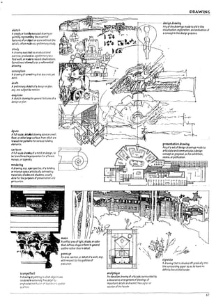 r
t
I '
r
I
I
•
r
r
L
I
I
,ketch
Asimply Of hJsUyexecuted drawing or
palrrtll1g rep~ the essential
ftatures of an ~ Of scene without the
detJils. often I1Ude as aprellmlna ry study.
sway
Adrawing executed as an educational
e~rcise, productd as aprelimina ry to a
final wor1:. Of made to record ol7servatlons.
ScmetImes referreJ to 35 3 referential
dr.1wing.
conception
Ad~wing of so~lng Chat dees not yet
exist.
drm
Aprelimlna!), s1:~ of adeslgnOf pian.
esp. one subject to revision.
es-quis5e
A $l:etch showl~ the general feJtures of a
design or plan.
epure
AflJrt-SQIe, ~ drawing done 0f1 3 wall.
fbao.orother~sumce. from which are
~ the patterns forvarlous Dulidlng
elar.ent5.
cartoon
AflJ~-sca~dra~ of it motif(X'des~n. to
~ :.toInsfmed In preparation f.x afresco.
lI1OS.Oic. ort3~try.
renderi~
A.:Inwing. r:sp. apers~ive. of a ~Iiding
Of'" intuol" spau.artlstlcalfy deHneatln~
1T'.oI ~rl3Is. shades 3nJ shadows: USU3 Ify
done for tM pu~ of presentatlon and
~U3Sort
tfom~roeil
mass
Aunlf'.ed area of Ilght. shade. or color
that deflnes shape orform In general
outhne rather than In detail.
passage
An area. section. or detail of awork. esp.
with respect to Its qualities of
executcf1.
Adrawl~ Cf' painting In which objects are
rendered In extremely fine detail to
emph3slze the Hiusior c' tactile 3-j sp3tlal
qU3rtt ies
DRAWING
design drawing
Any ofthe drawings made to aid In the
vlsuaflzatlon. exploration. and evaluation of
aconcept In the design process.
presentation drawing
Any ofasetofdesign drawings made to
artlculate and communicateadesign
concept or proposal. as for exhibition.
review. or puDllcatlon.
+.
.', )?)~
. $I:} ,6 ~~ 'I/?
,( r; ..~ ~~~. • :P
~', ~~~~~~~ / V'
'. J . . 1-..-- /Ah_
"', M~I ,//~
?fE..~
vignette
Adrawing that Is shaded off gradually Into
the surrounding paper so as to leave no
definite line at the border.
analyti~ue
An elevato!l drawing of afacade. surrounded by
adewratlve arrangement of drawings of
Important details 3 nel somei:lmes apl3nor
section of the fac3ae.
67
 