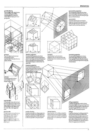 r1
il
r
r
r
r
J
r
1
f-
p.1r.1line drawi~
Arry ofv.ri:les slnglc-vk:wdrawings
,hm~ by pml1ellnes
rtmaln~ pml1el to e3Cb other
rather tn.311 converging ~ In linear
perspective.
ph.1ntcm
A part of" dr3wlng that Is made
tn!1S~renttv permlt
reprtSelTt~ ofdetJlis otherwise
hidden fromrlew.
c~~
A dr;l~ or,"ode! havi~ an
ouw StCtlon relnO'leQ to
dispby tM ~ior.
exploded new
A drawlng ~ shows eM Individual
parts of awoctureor coostructlon
separ.rt:dy M Ind~ their proper
re1.atlonships to each other and to
the whole. Also calW ~naed
view.
phantcm line
A brol:en anc wnslstlr.~ of rela tively
10"9 ~rno'Its separa~ by two
short dJs~or dots. used to
represent aproperty IIne,;in
alternative posltlcn of apart of an
object. or the relativ~ po9t!on of J n
•~ntPJrt.
dimetric projection
An axonometrlc projectlon ofathree-
dimensional object incnnea to the picture
plane In such a way that twoofIts principal
axes a~ t'qual1y foreshortened and the
third appears longer orshorter than the
other two.
trimetric projection
An axonometric projection ofa
three-d1mension31 object Inclined to
the picture plane In such away that
all th clpal axes 're
fo ata d'- en
cavalier drawing
A parallne drawing of an oblique prOJection.
having the receding lines perpendicular to
the picture plane drawn to the same scale
as the lines parallel to the picture plane.
isametric
Apar.lMne draw',~ cf an Isometric
prdp:;tlon. h1vi~4 .!llInes pml!el to the
princIpal axes .;l,":lt'ln to true leryth at the
sa;r,e scale.
c3Pinet drawing
Aparanne dra.... :~:f an oblique proJection.
h3Ylng 311 lines pra'iel to the picture plaM
drawn to exact scale, and the recedlng I1nes
perperdicular tc j,e picture pl3re reduced
to h3:f sc3le.
DRAWING
.1xonometrlc projecticn
The orthographic projection ofathree-
dimensional object Inclined to the picture
pllne In such a WilY that its three principal
axes are foreshortened.
3xonometric
Aparaline drawing of an axonome~ric
projection. haVing all lines parallel to the
thru principal axes drawn to scale Dut
diagonal and curved lines distorted.
is-ometrk: projection
An axcnametrlc projection of athru-
dimensional object having its princlp31
faces equally IncUned to the picture pI.ne
so thatIts three principal axes are equally
foreshortened_
opli'tue projection
Amethod of projectlon In which athree-
dimensional oOJect. having one princlPJI face
parallel to the picture pf3M.ls.cepre5e1'lW
D:i projecting parallel nnes at some angle
other th3n 90°to the picture plane.
oPliqLle
Aparaline drawing of an oDlique projectlc;1.
having all nnes and faces parallel to the
picture pllne drawn to exact scale. and all
reced1n~ nnes perpend1cullrto the picture
plane sMWT13t any convenient angle othl!1"
th3n 90~ sometlrT'es at areduced scale to
offset the appearance of distortion.
71
 